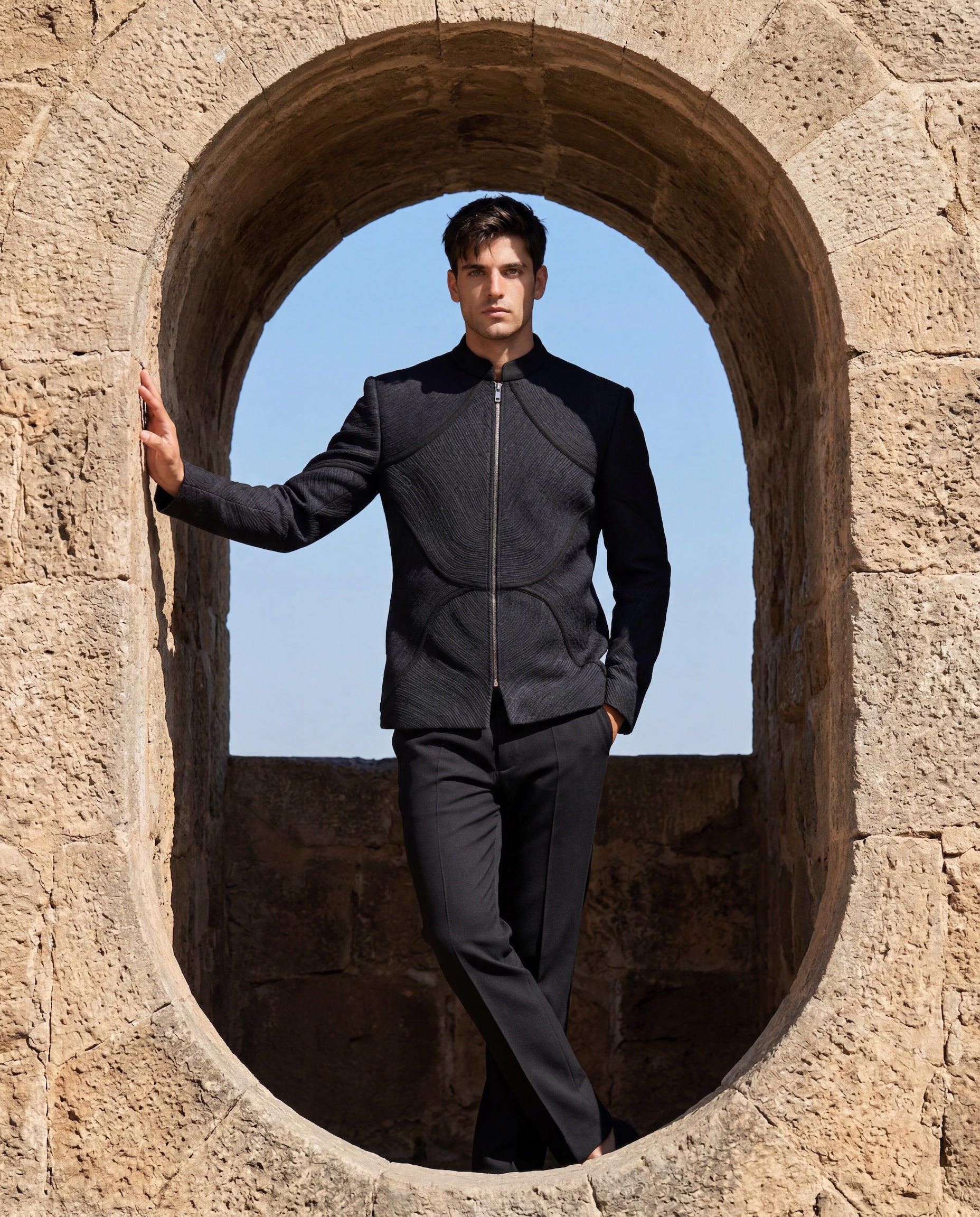 Black knit bomber jacket with monotone dori embroidery detailing, paired with matching knit pants.