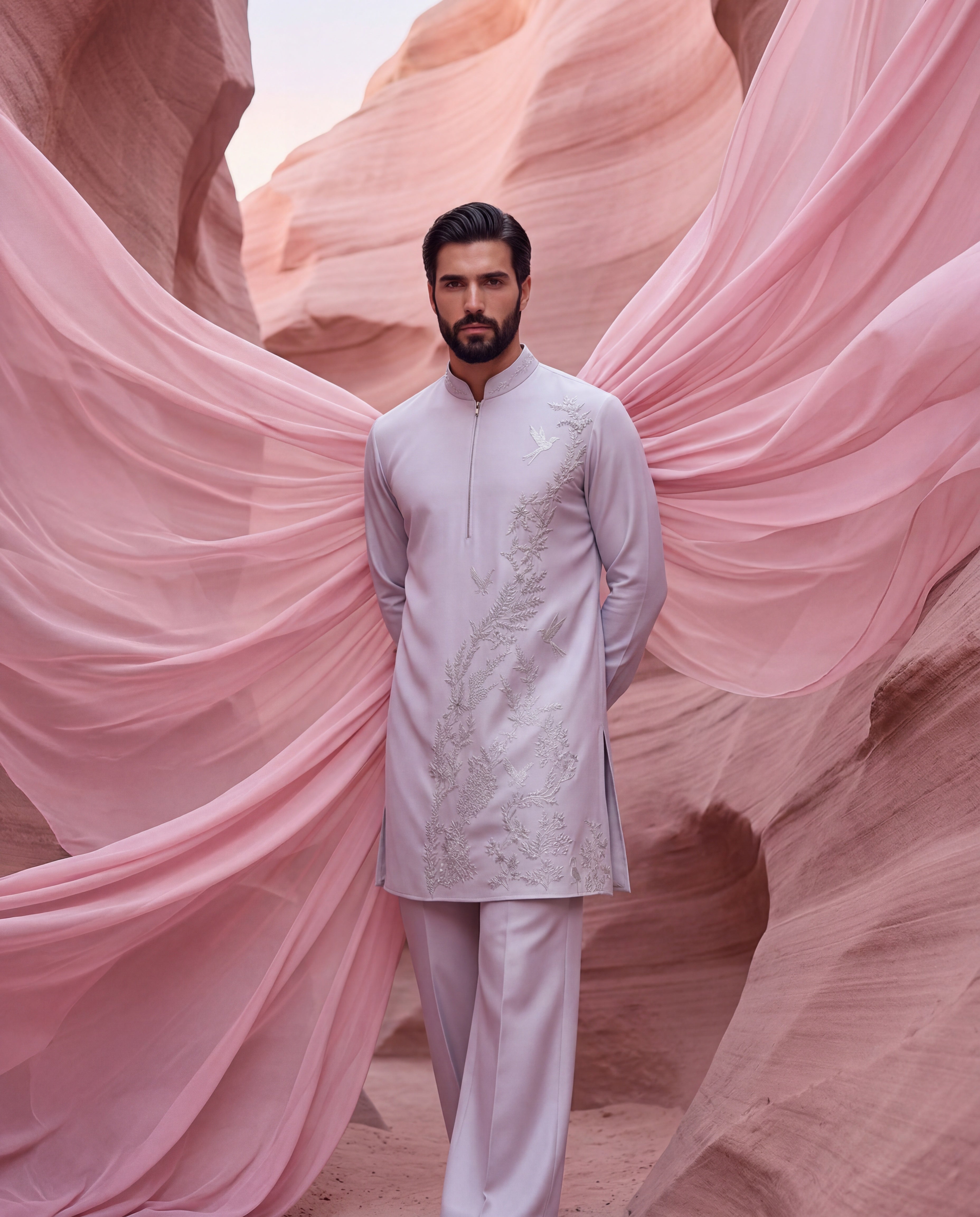 Lilac knit kurta with monntone embroidery detailing, paired with matching knit palazzo.
