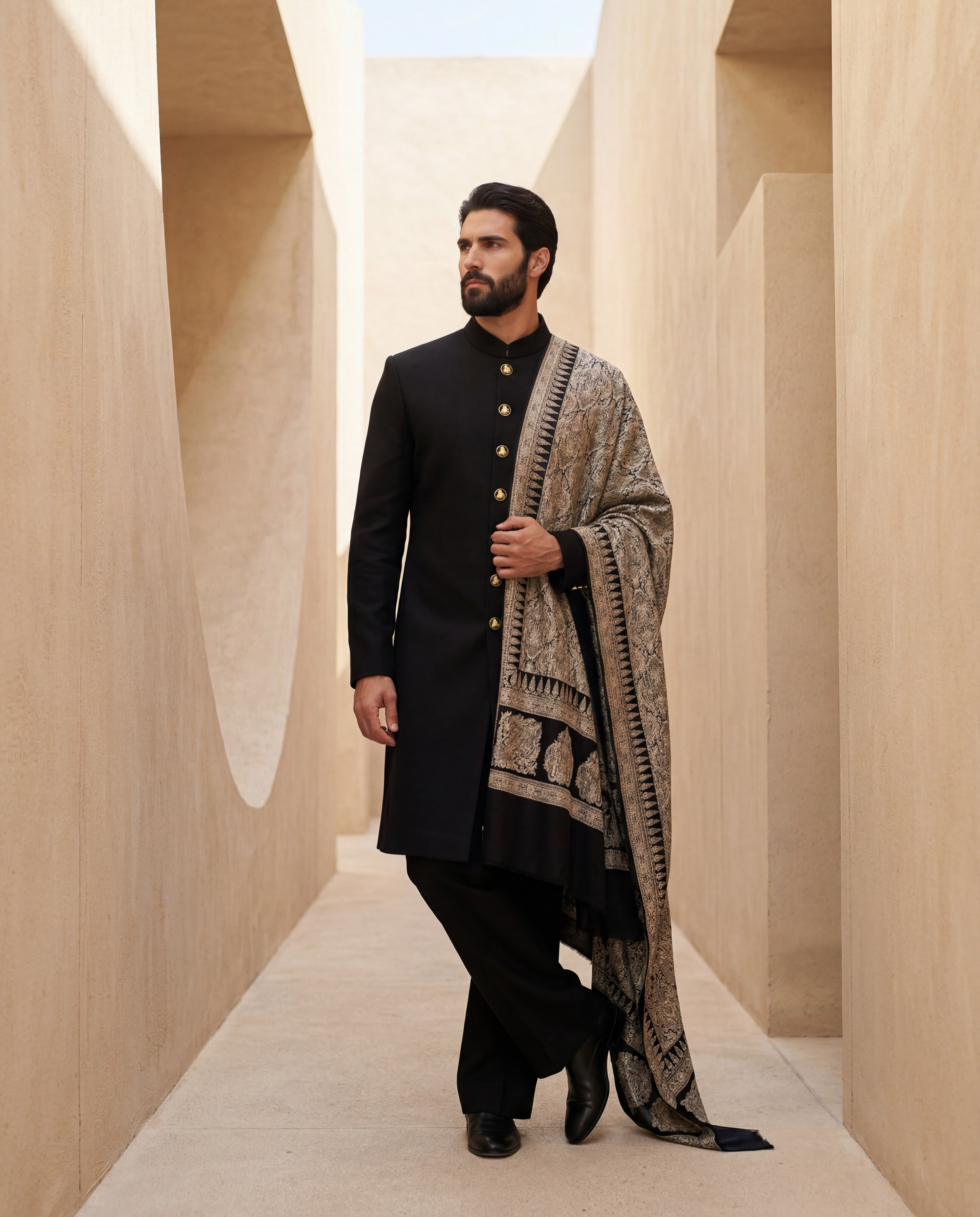 Black Pashmina sherwani featuring contrast buttons along the front, paired with matching pashmina pants and a pashmina stole with intricate gold toned Kashmiri hand-embroidery all over.