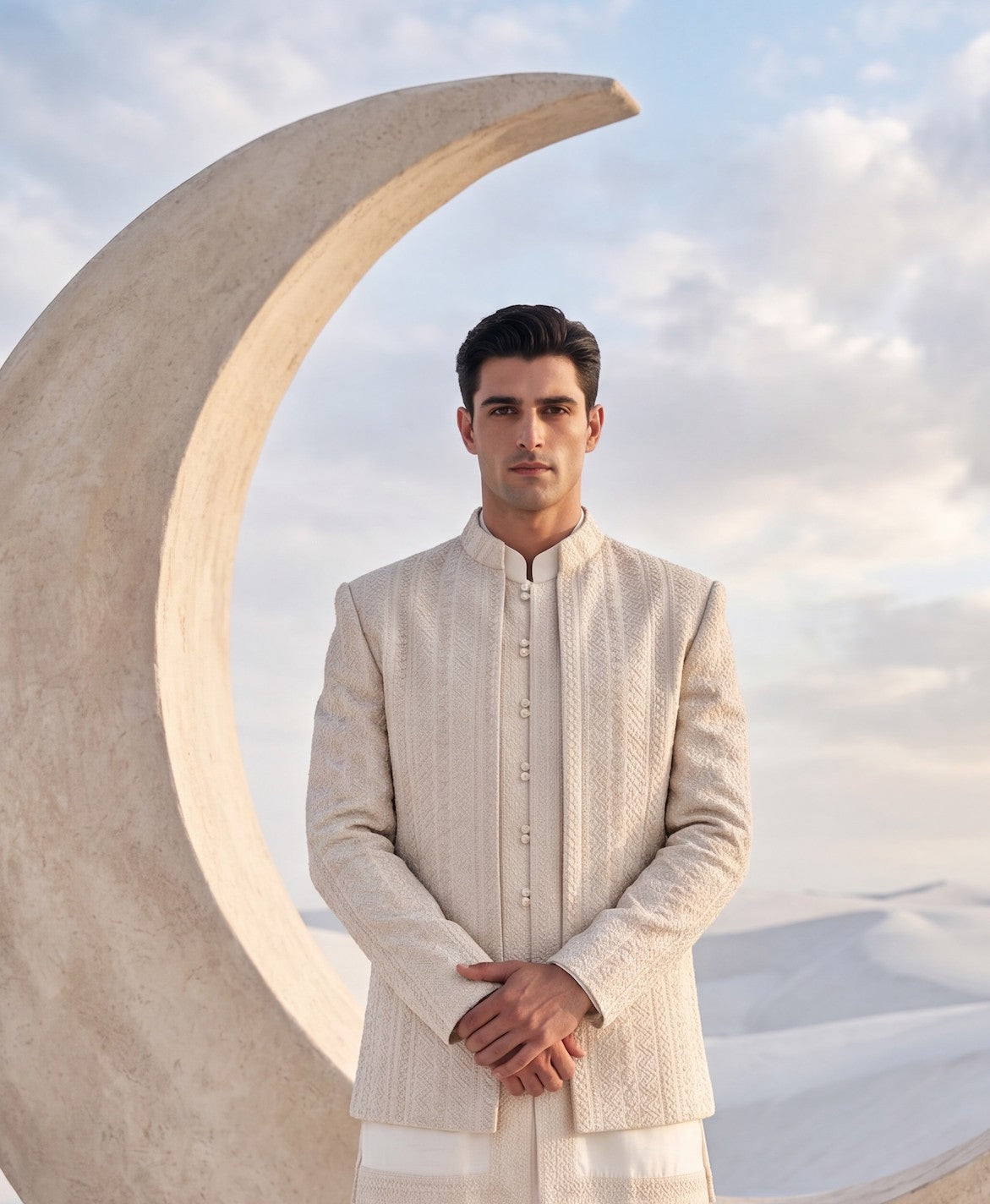 Crochet Indo-Western jacket embellished with hand-embroidered detailing, paired with a Monga silk kurta with crochet borders and knit pants.