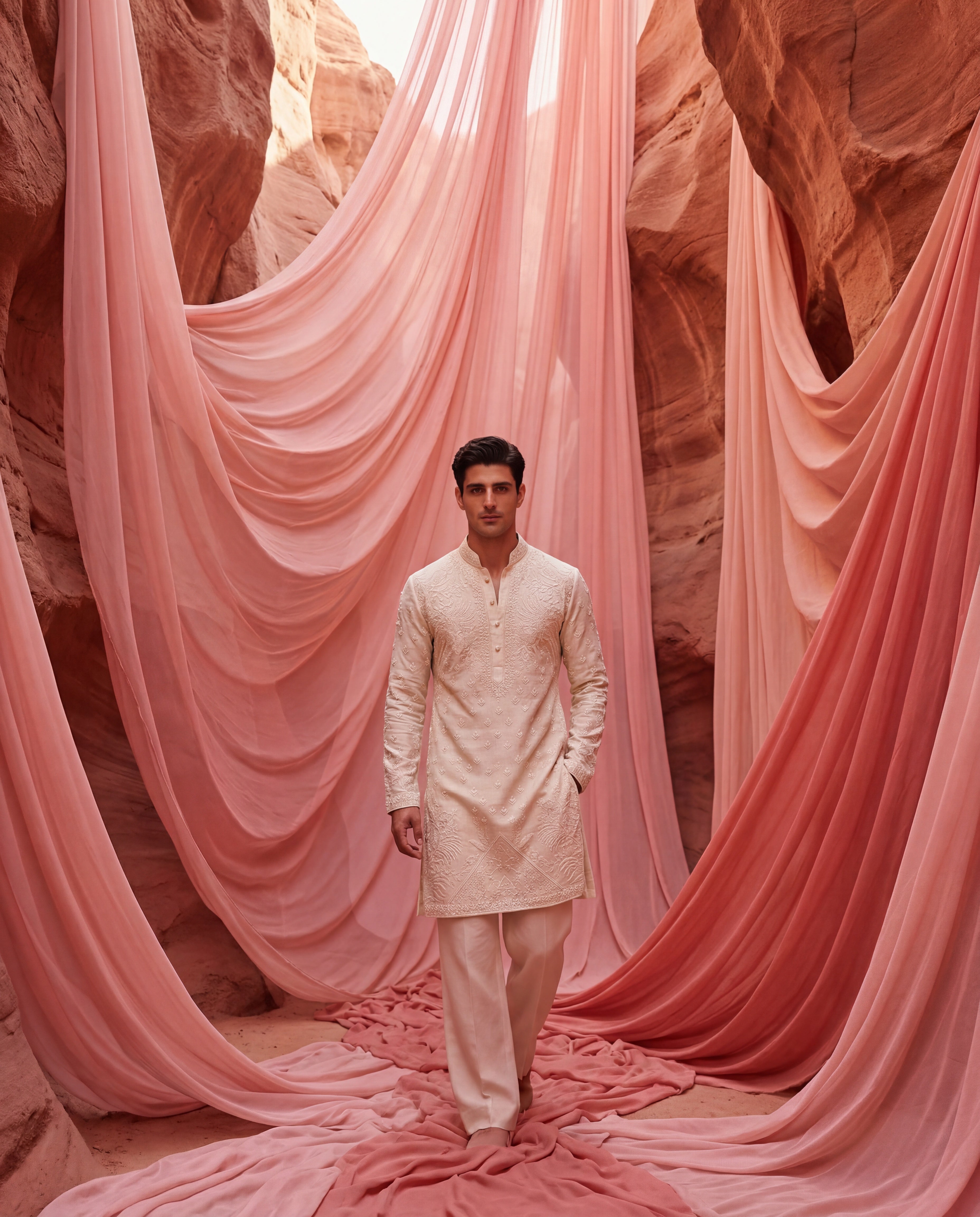 Beige bamboo silk kurta with tonal embroidered detailing, paired with matching bamboo silk aligadhi.