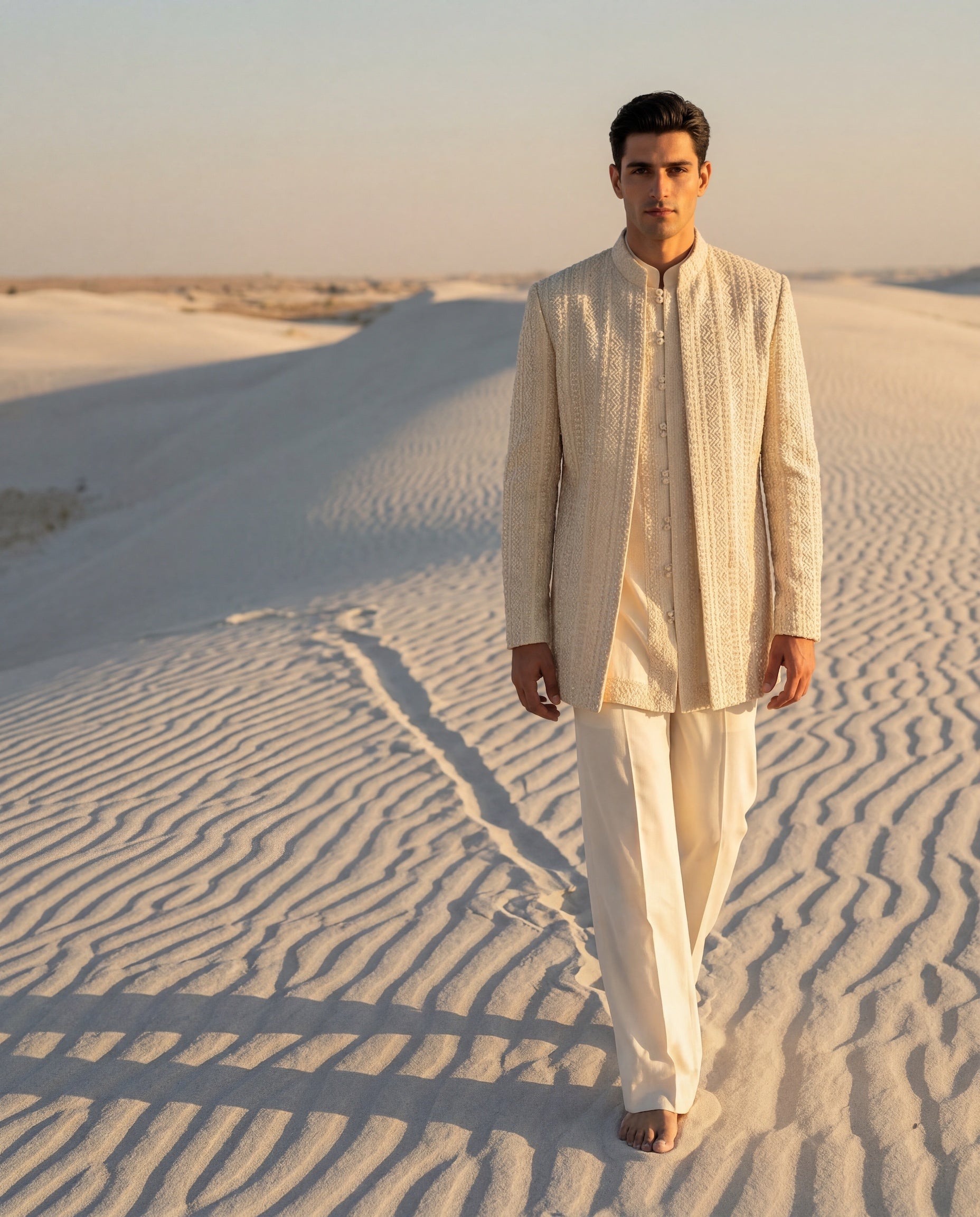 Crochet Indo-Western jacket embellished with hand-embroidered detailing, paired with a Monga silk kurta with crochet borders and knit pants.