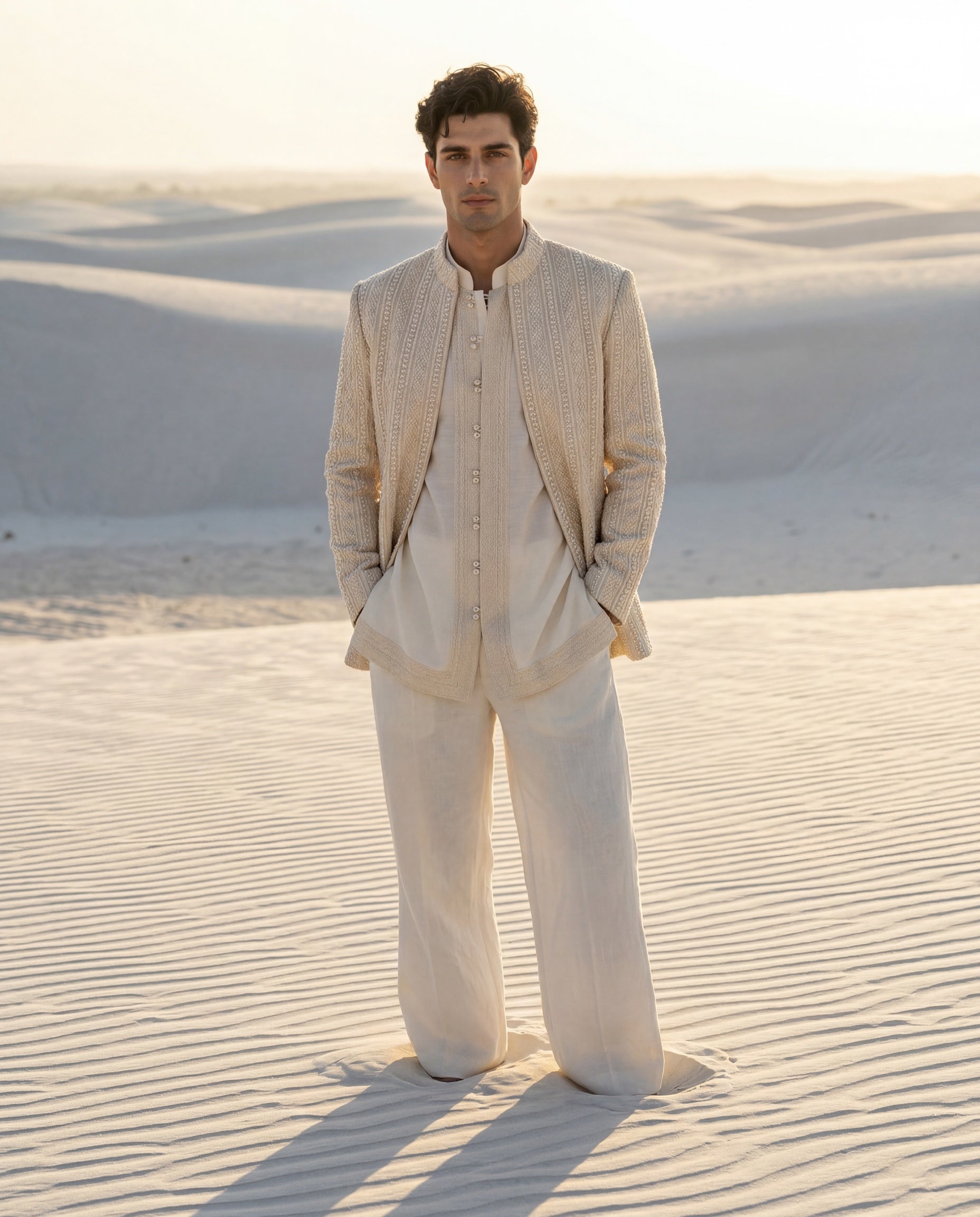 Crochet Indo-Western jacket embellished with hand-embroidered detailing, paired with a Monga silk kurta with crochet borders and knit pants.