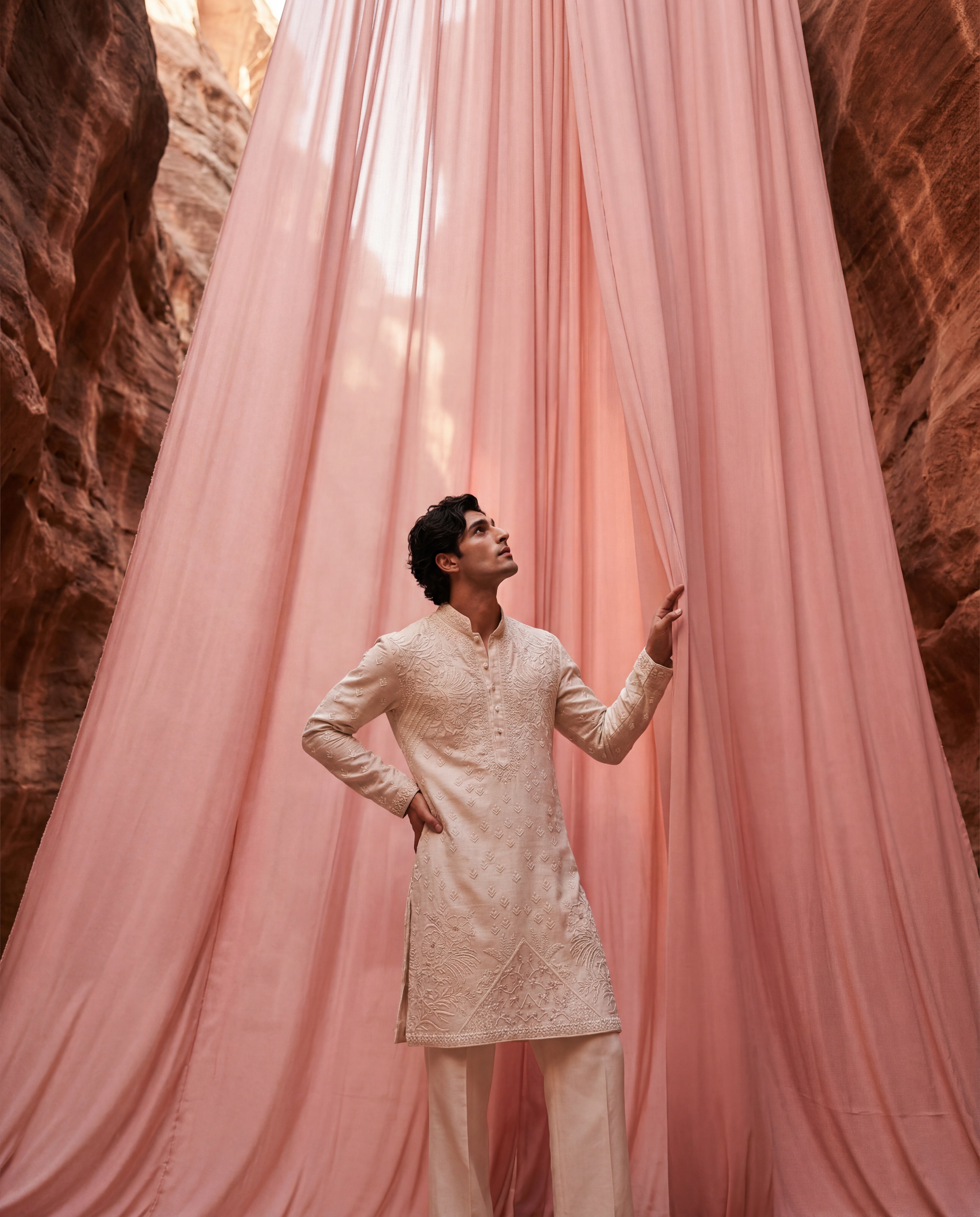 Beige bamboo silk kurta with tonal embroidered detailing, paired with matching bamboo silk aligadhi.