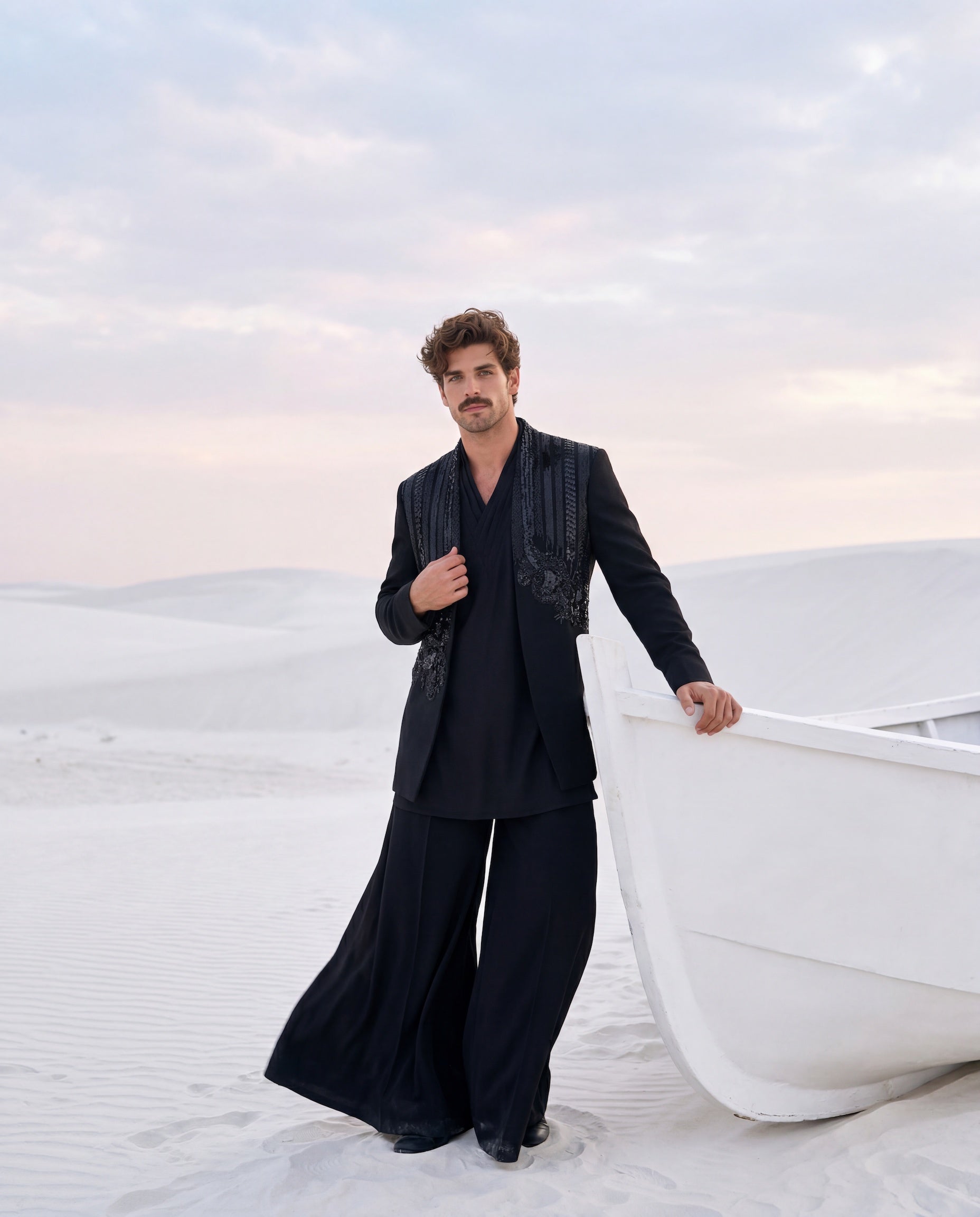 Black knit Indo-Western jacket with monotone embroidery, paired with a knit kurta with pleating details on the neckline and matching pants.
