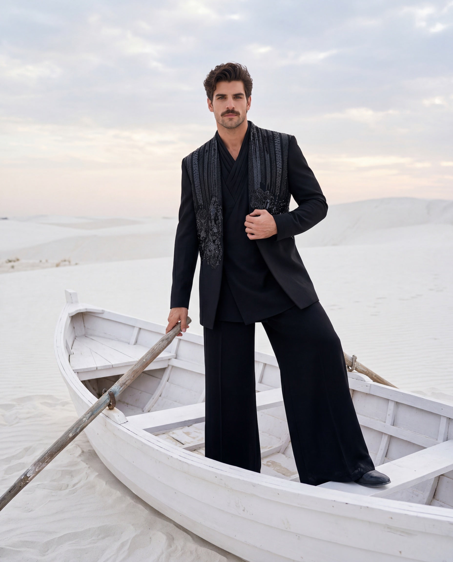 Black knit Indo-Western jacket with monotone embroidery, paired with a knit kurta with pleating details on the neckline and matching pants.