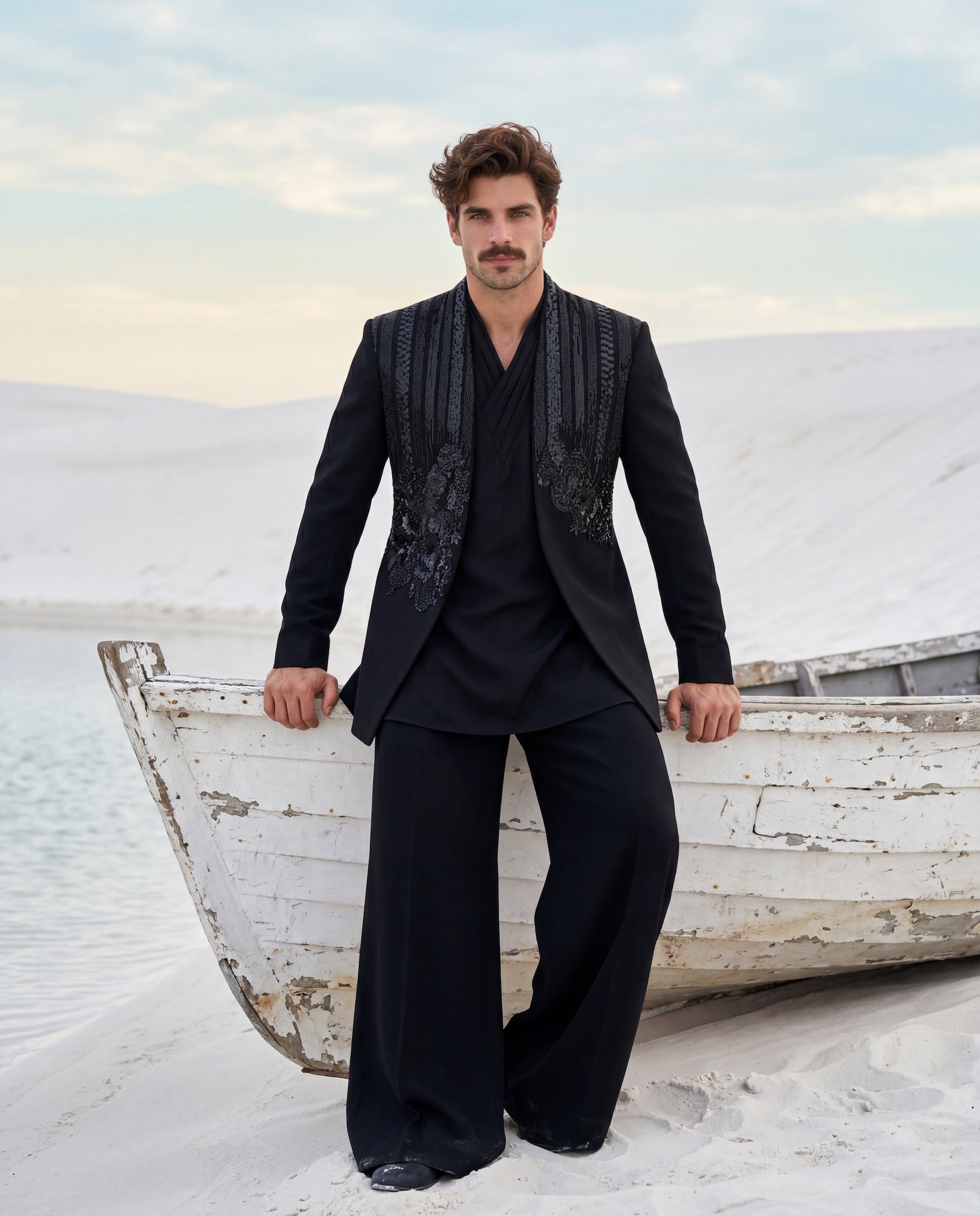 Black knit Indo-Western jacket with monotone embroidery, paired with a knit kurta with pleating details on the neckline and matching pants.