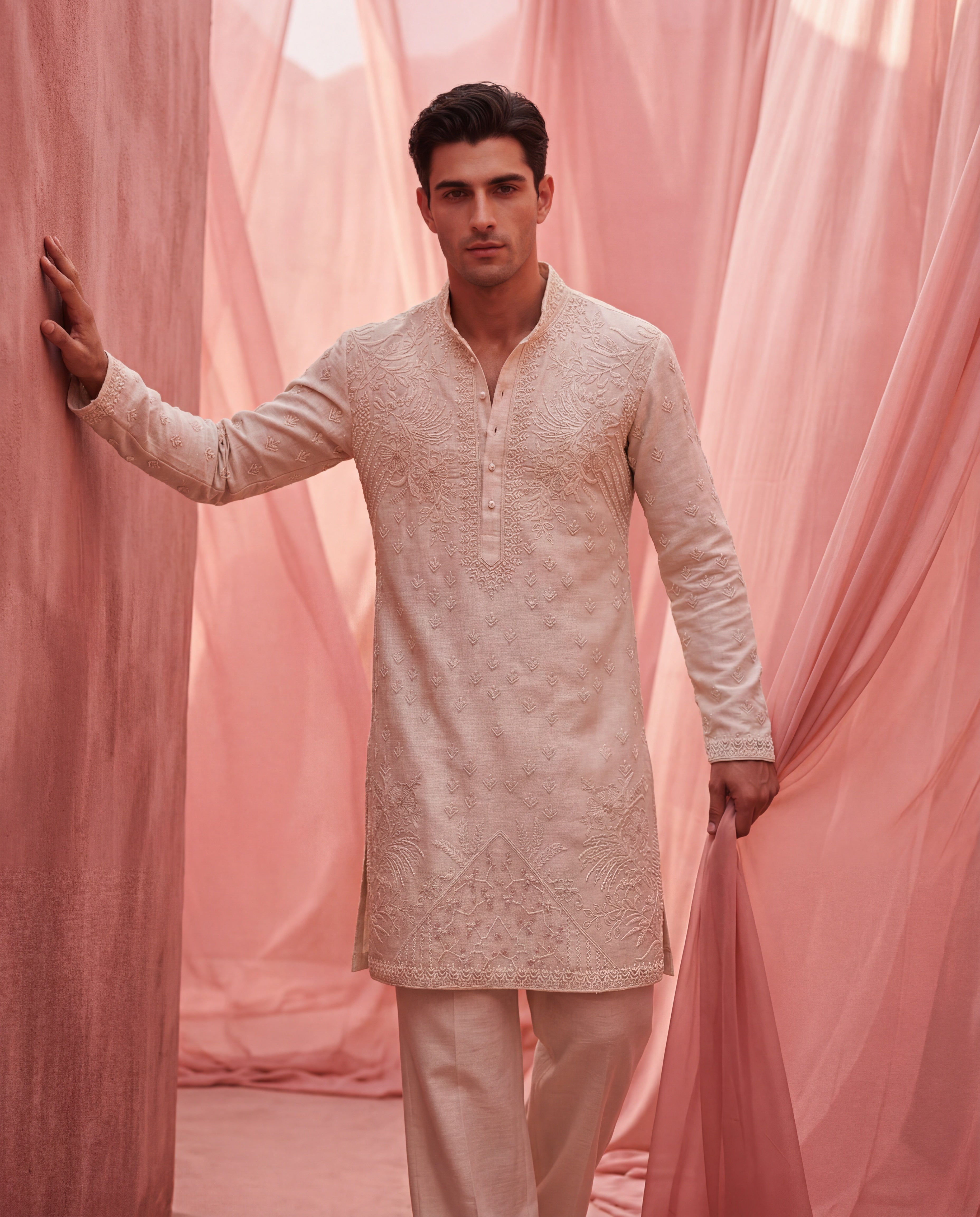 Beige bamboo silk kurta with tonal embroidered detailing, paired with matching bamboo silk aligadhi.