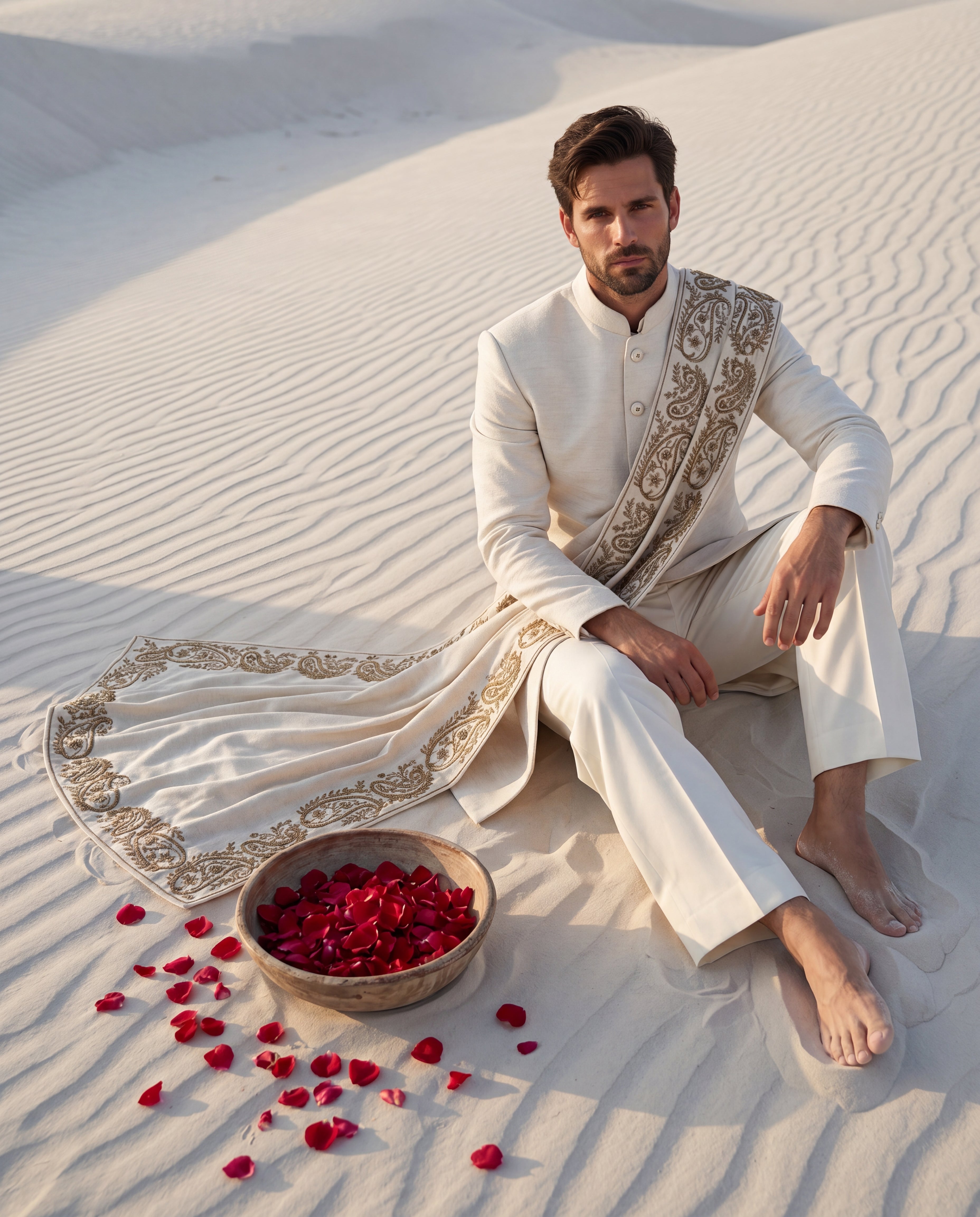 Cream Pashmina sherwani featuring monotone buttons along the front, paired with matching pashmina pants and a pashmina stole embellished with a hand-embroidered border.