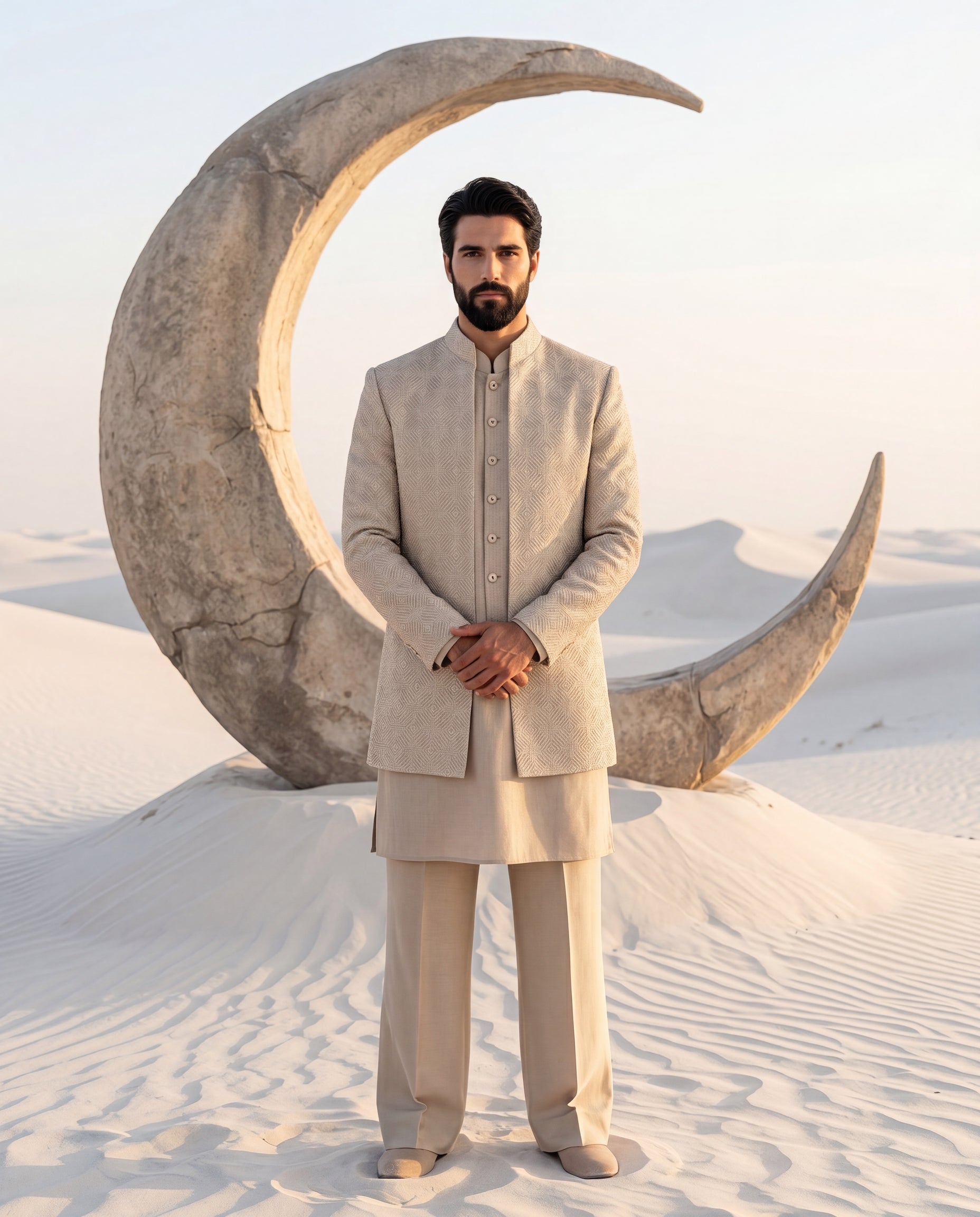 Banarasi silk Indo-Western jacket with tonal geometric detailing, paired with a matching banarasi silk waistcoat, silk kurta and palazzo.