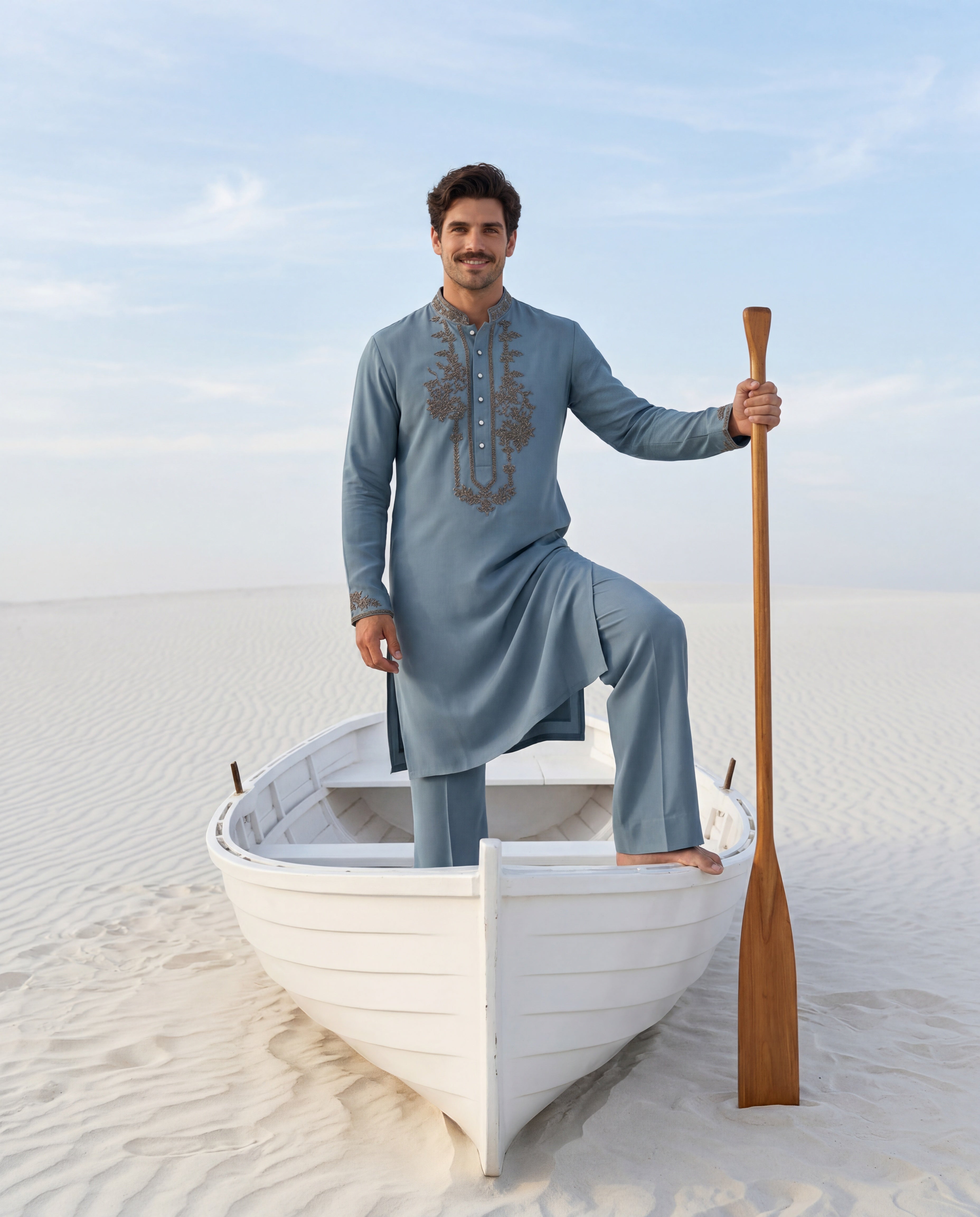 Turquoise knit kurta with embroidered neckline detailing, paired with matching knit palazzo.