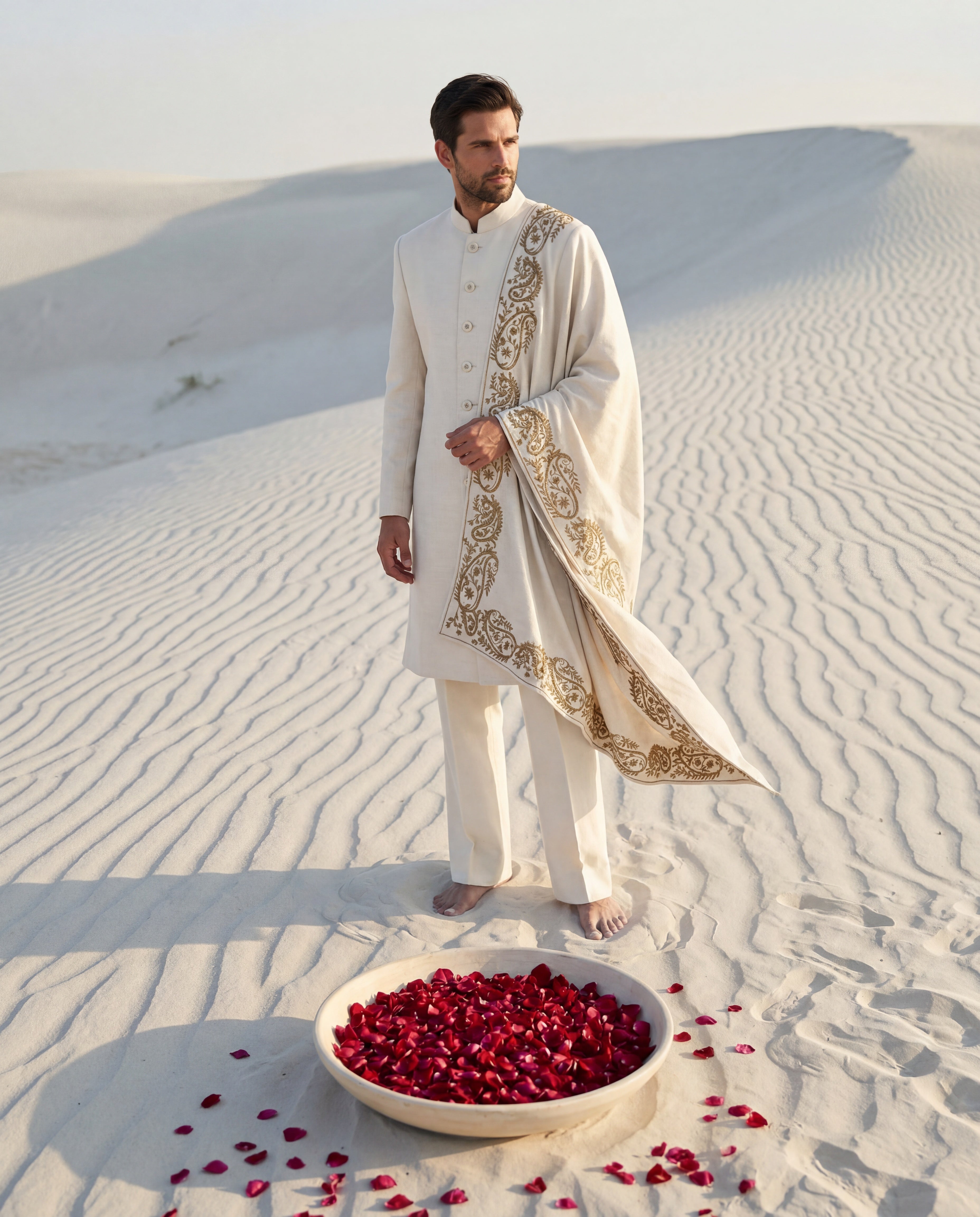 Cream Pashmina sherwani featuring monotone buttons along the front, paired with matching pashmina pants and a pashmina stole embellished with a hand-embroidered border.