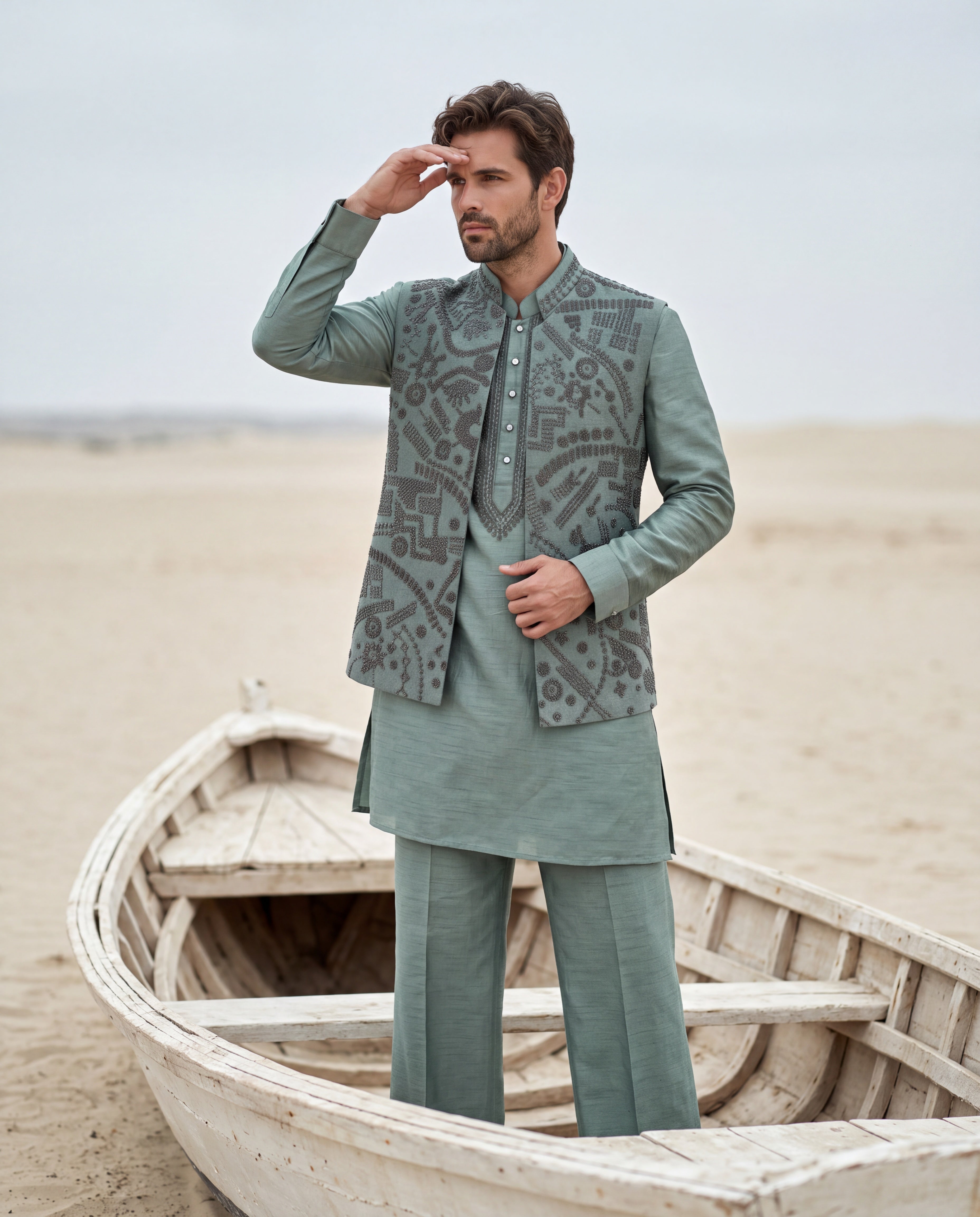 Teal green textured velvet waistcoat with metallic hand embroidery detailing, paired with a silk kurta and matching aligadhi pants.