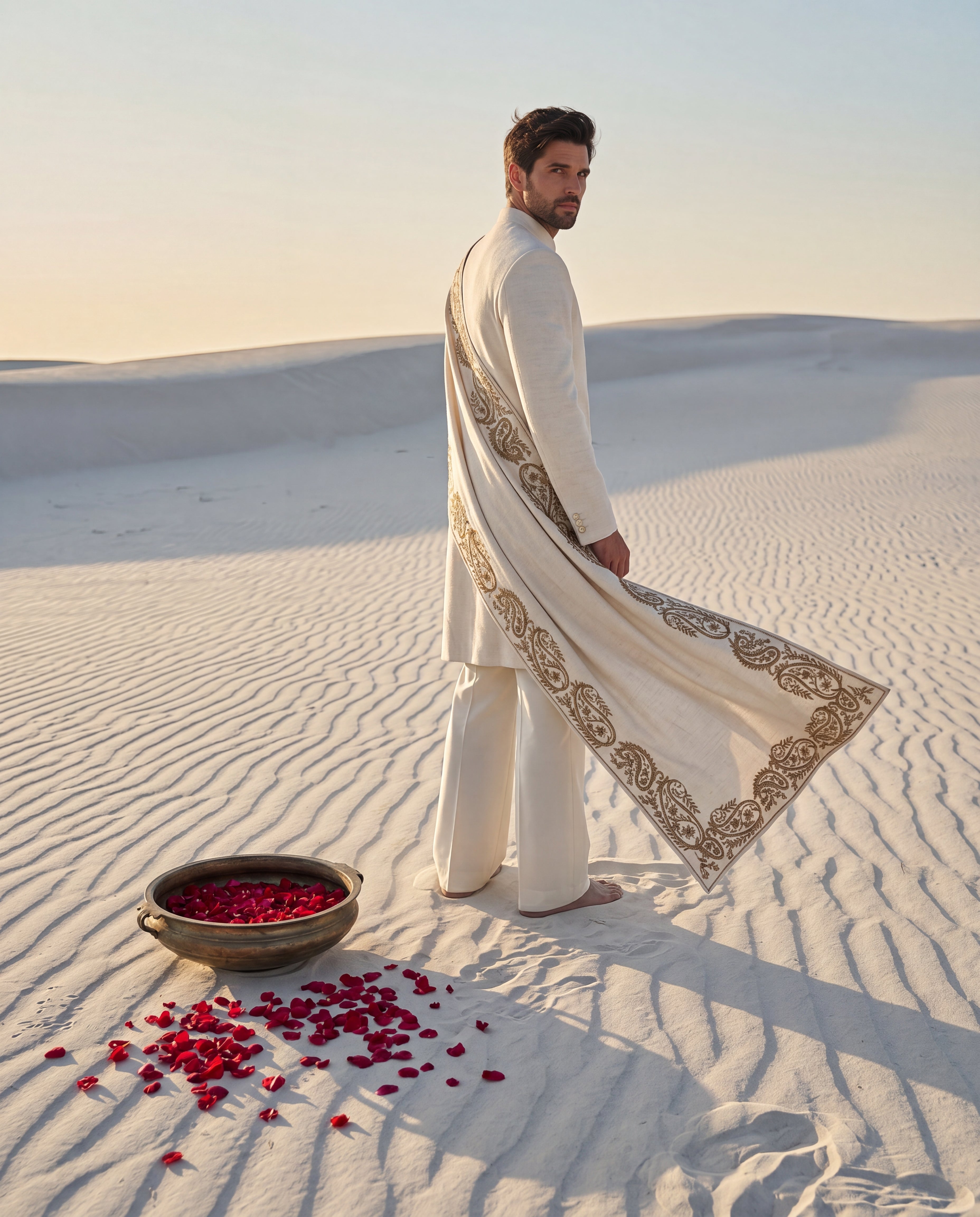 Cream Pashmina sherwani featuring monotone buttons along the front, paired with matching pashmina pants and a pashmina stole embellished with a hand-embroidered border.