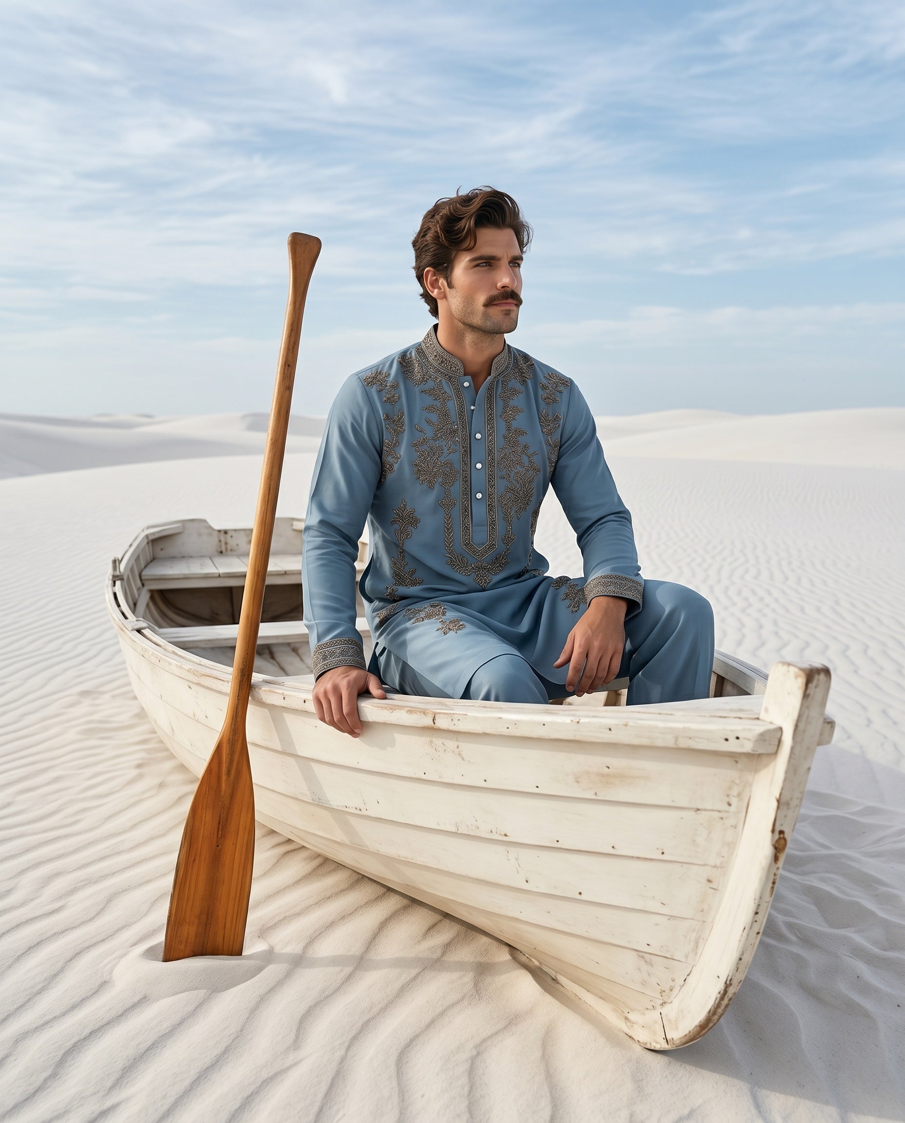 Turquoise knit kurta with embroidered neckline detailing, paired with matching knit palazzo.