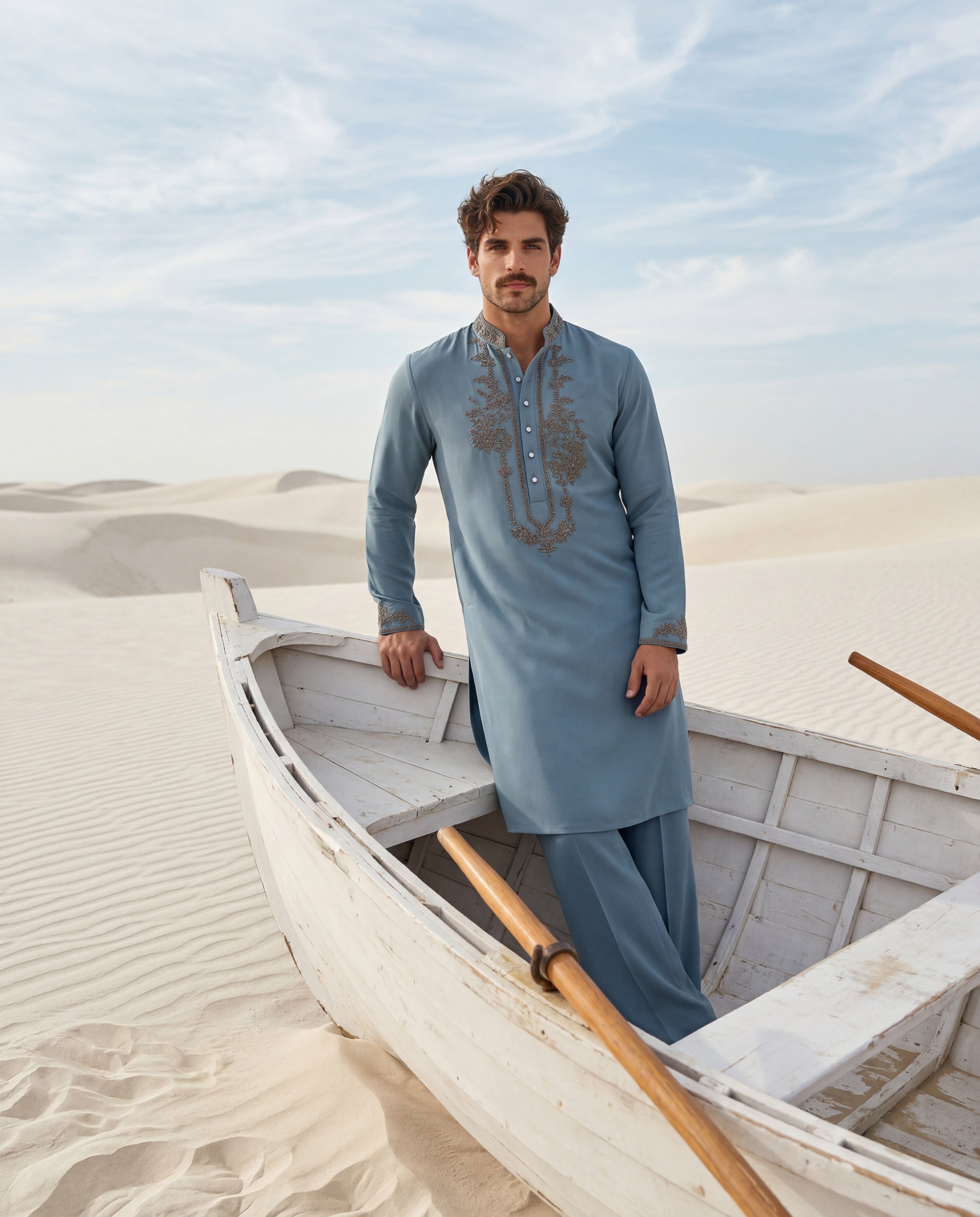Turquoise knit kurta with embroidered neckline detailing, paired with matching knit palazzo.