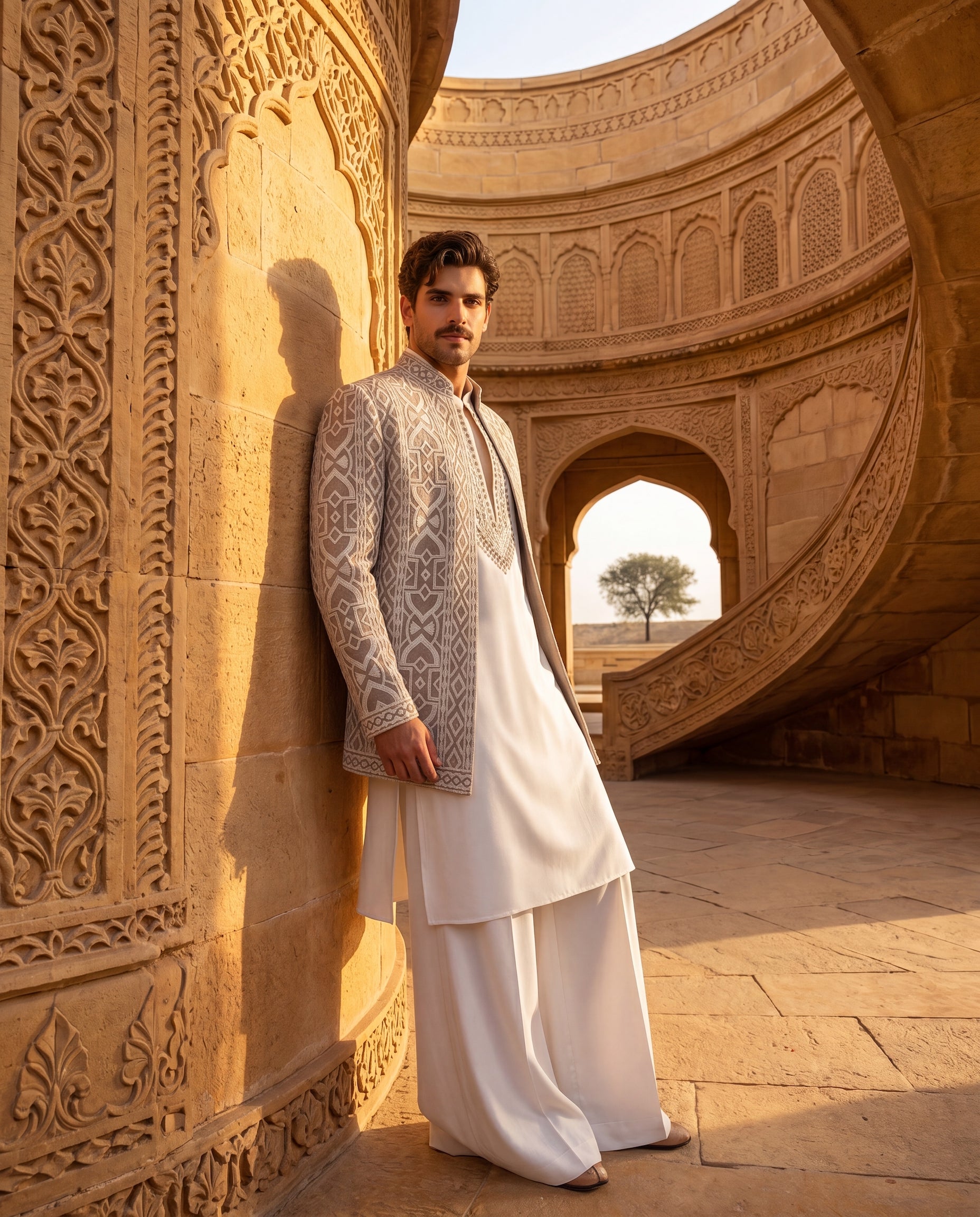 Tissue silk Indo-Western jacket with ivory hand-embroidery detailing, paired with a knit kurta with embroidered neckline and matching pants.