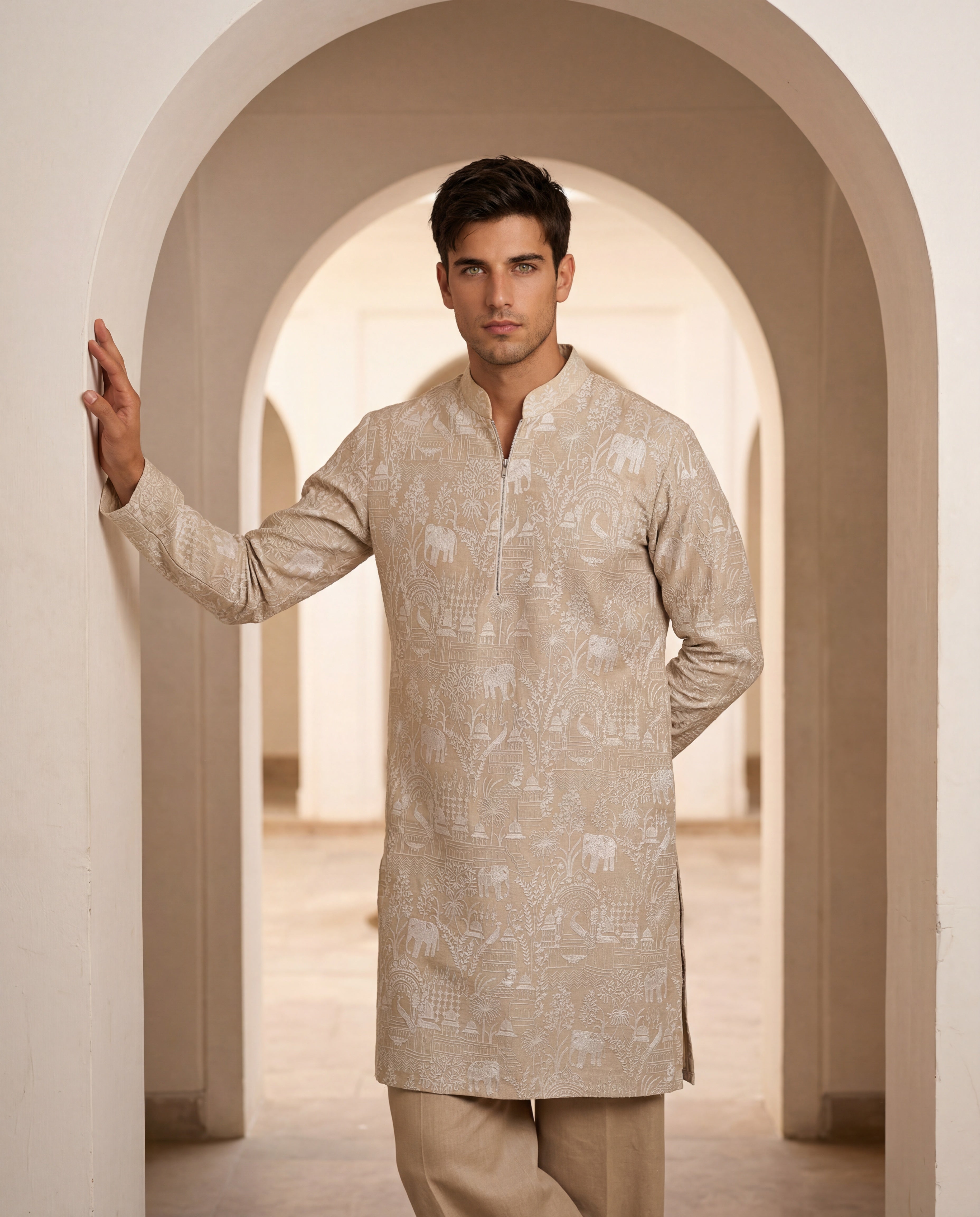 Beige Chanderi silk kurta with intricate embroidery all over, paired with matching Chanderi silk aligadhi.