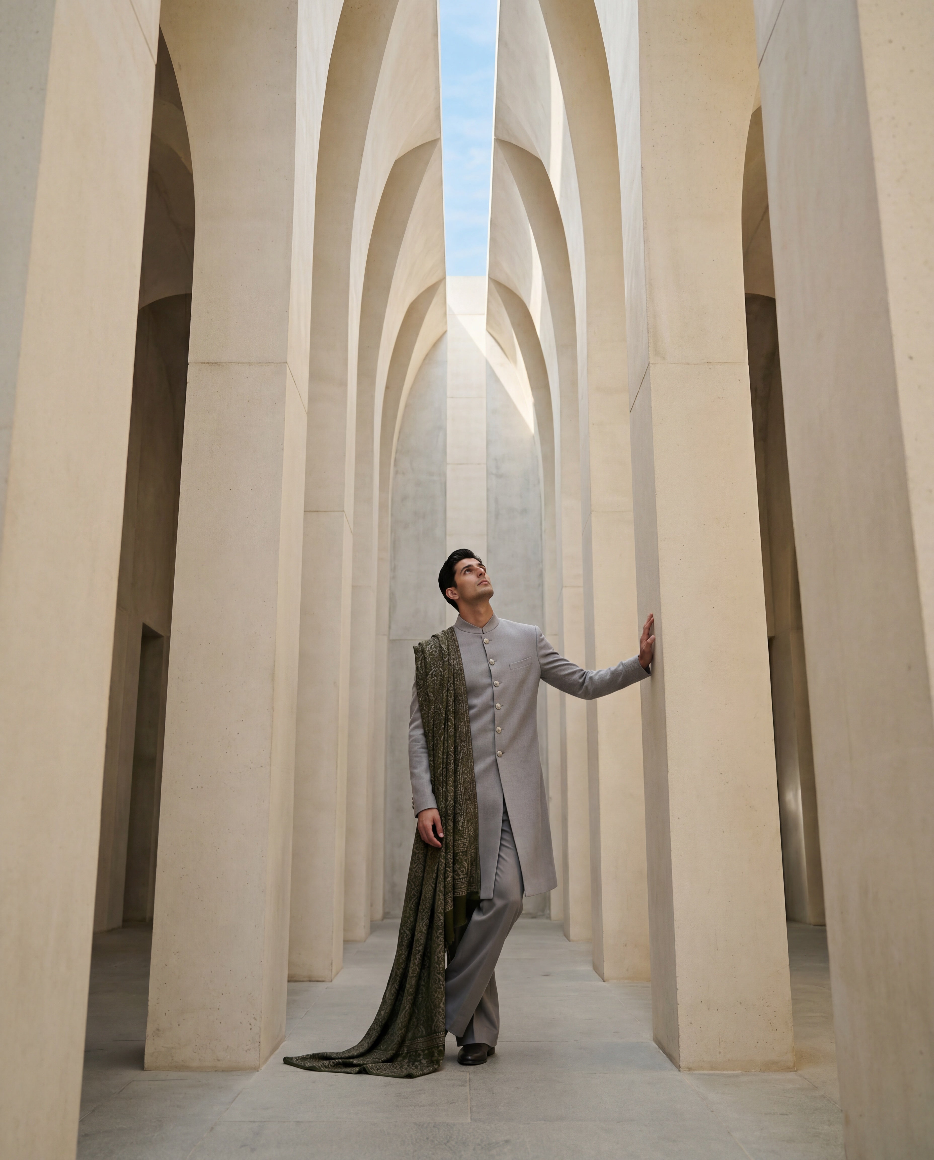 Grey Pashmina sherwani featuring contrast buttons along the front, paired with matching pashmina pants and a pashmina stole with intricate olive toned Kashmiri hand-embroidery all over.