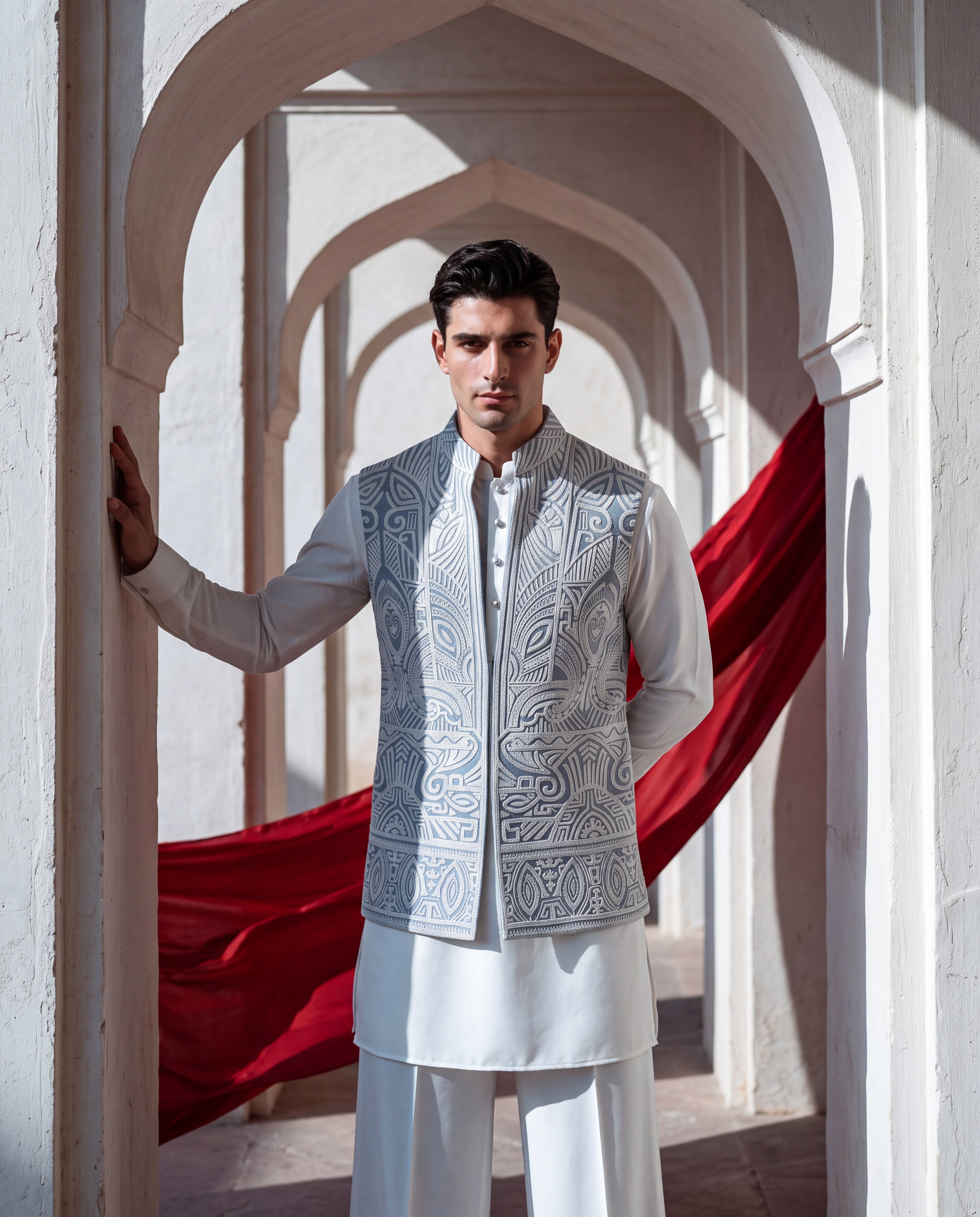 Sky Blue textured rayon waistcoat with white dori hand embroidery detailing, paired with a ivory knit kurta and matching plazzo pants.