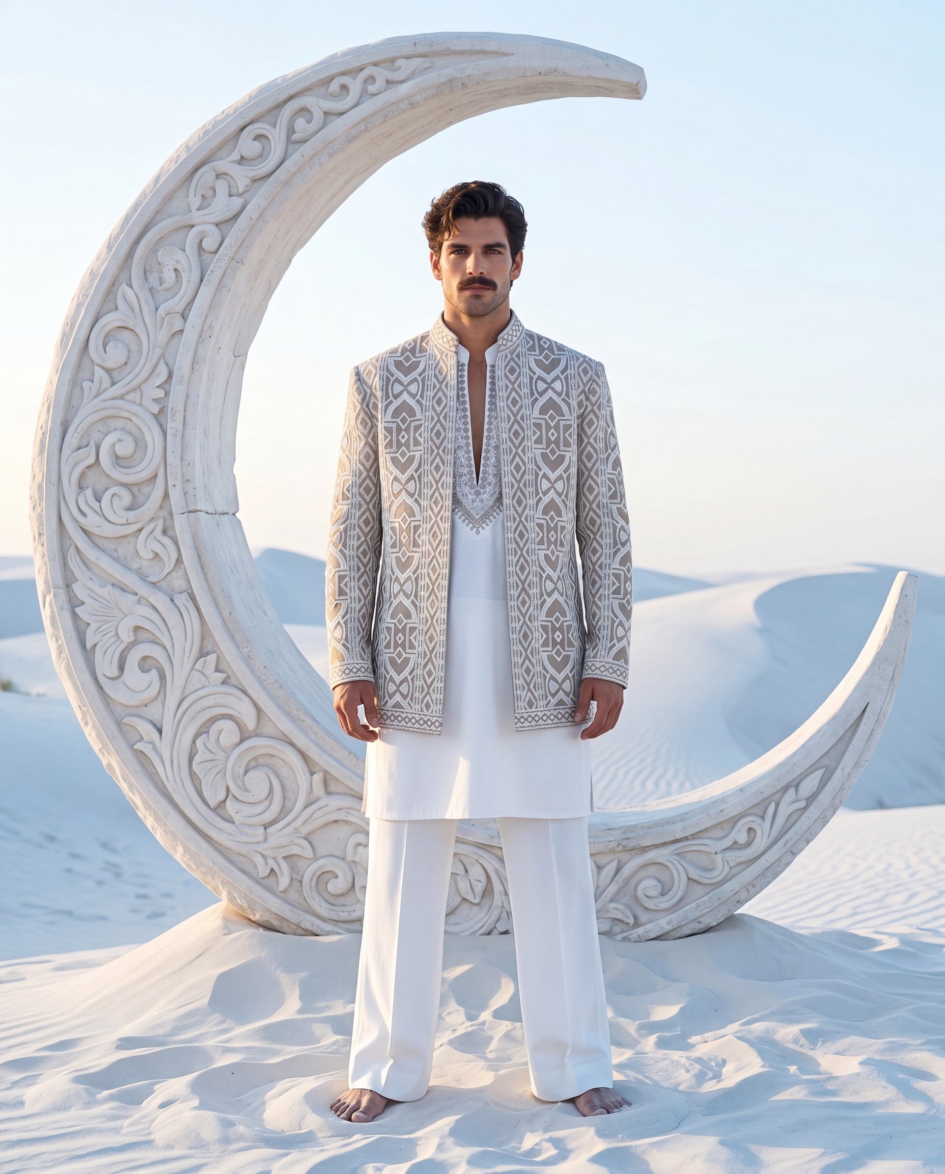 Tissue silk Indo-Western jacket with ivory hand-embroidery detailing, paired with a knit kurta with embroidered neckline and matching pants.