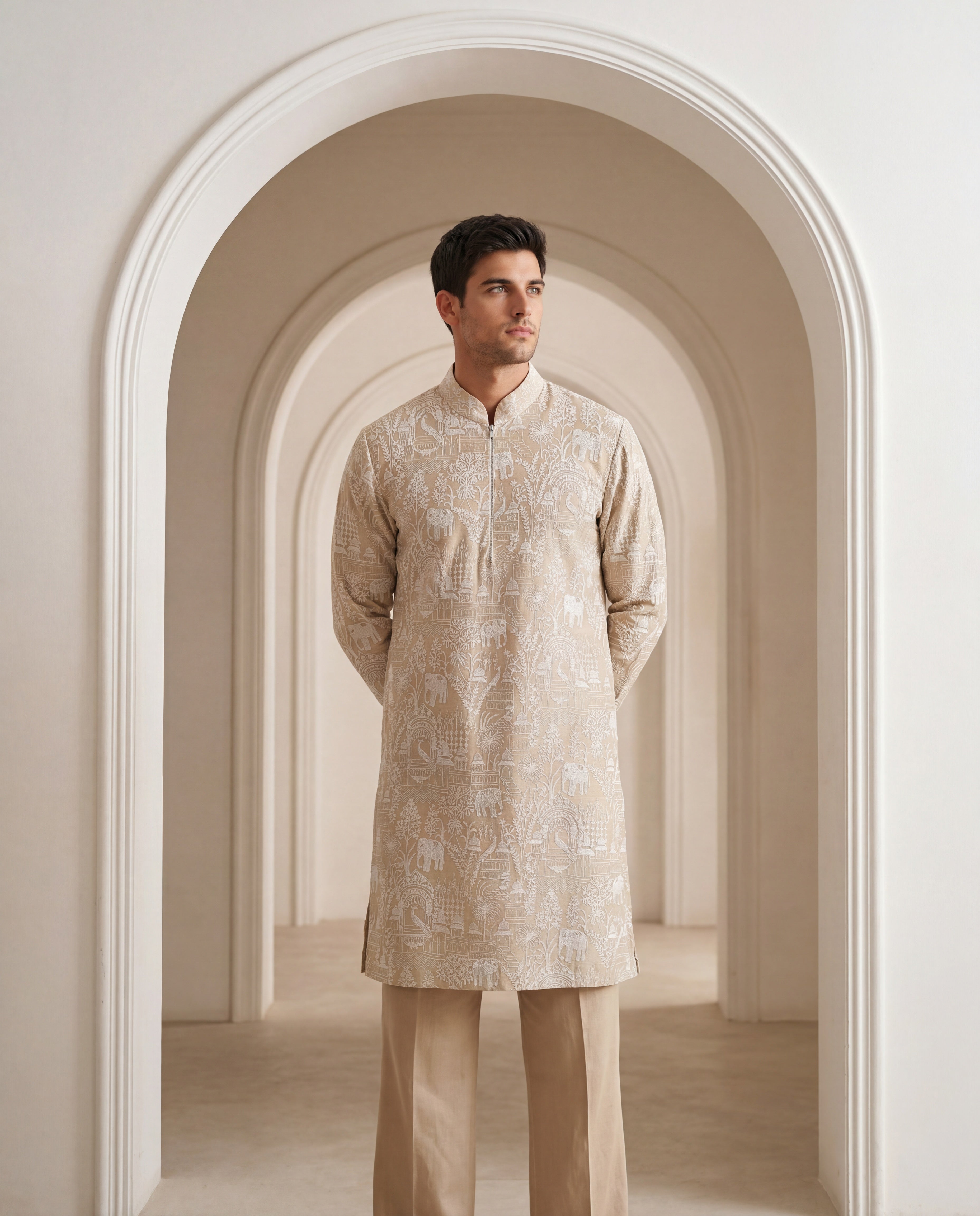 Beige Chanderi silk kurta with intricate embroidery all over, paired with matching Chanderi silk aligadhi.