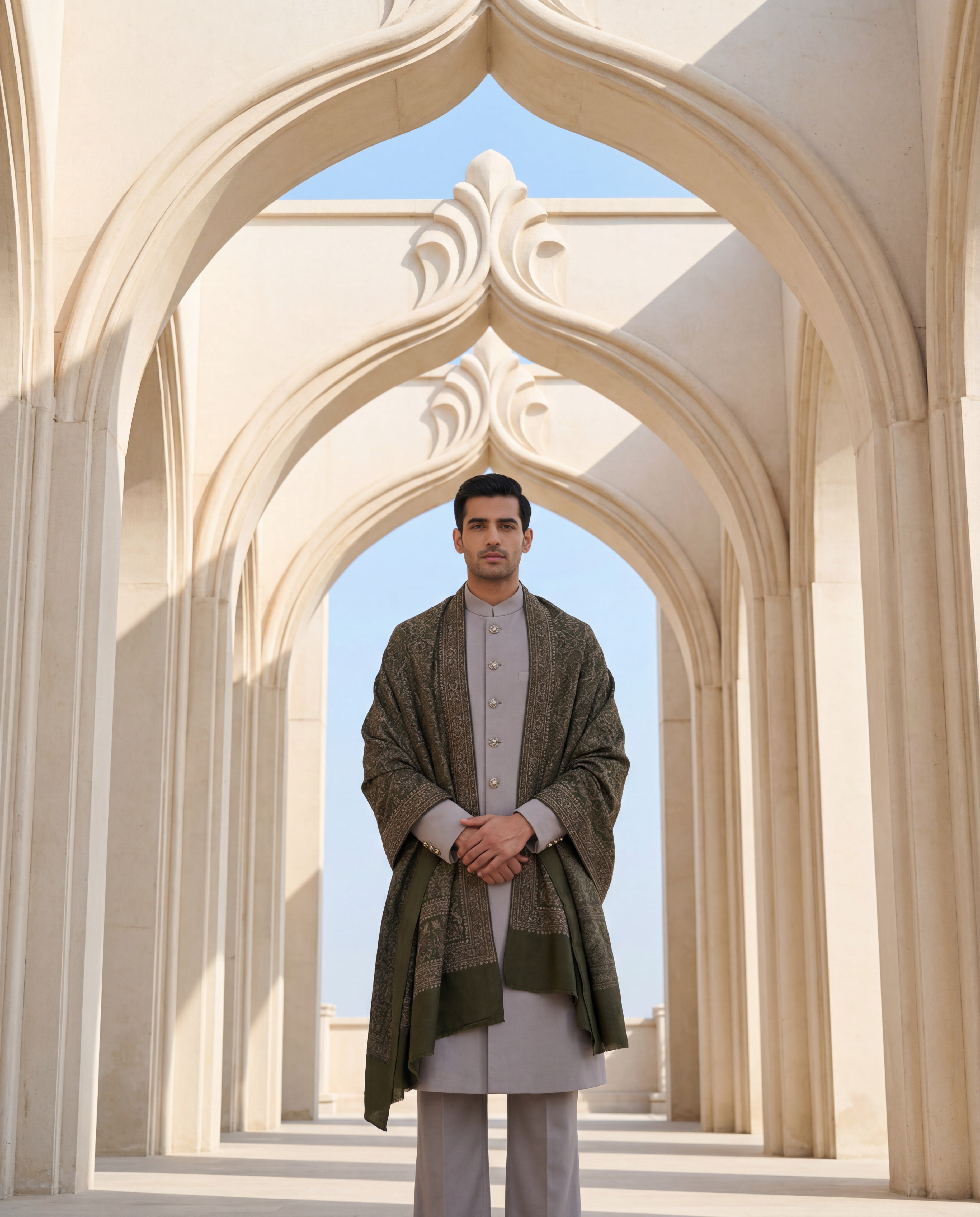 Grey Pashmina sherwani featuring contrast buttons along the front, paired with matching pashmina pants and a pashmina stole with intricate olive toned Kashmiri hand-embroidery all over.