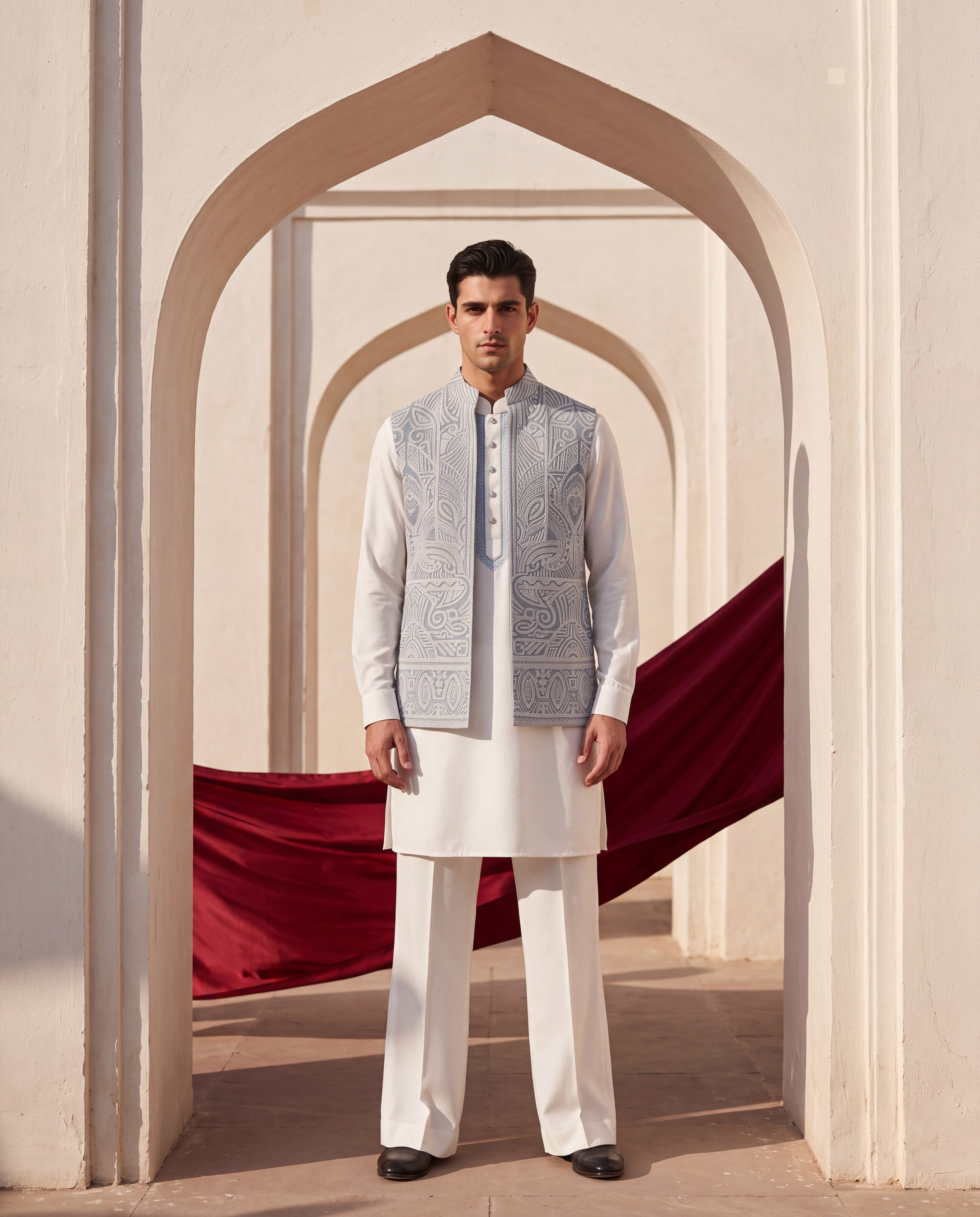 Sky Blue textured rayon waistcoat with white dori hand embroidery detailing, paired with a ivory knit kurta and matching plazzo pants.