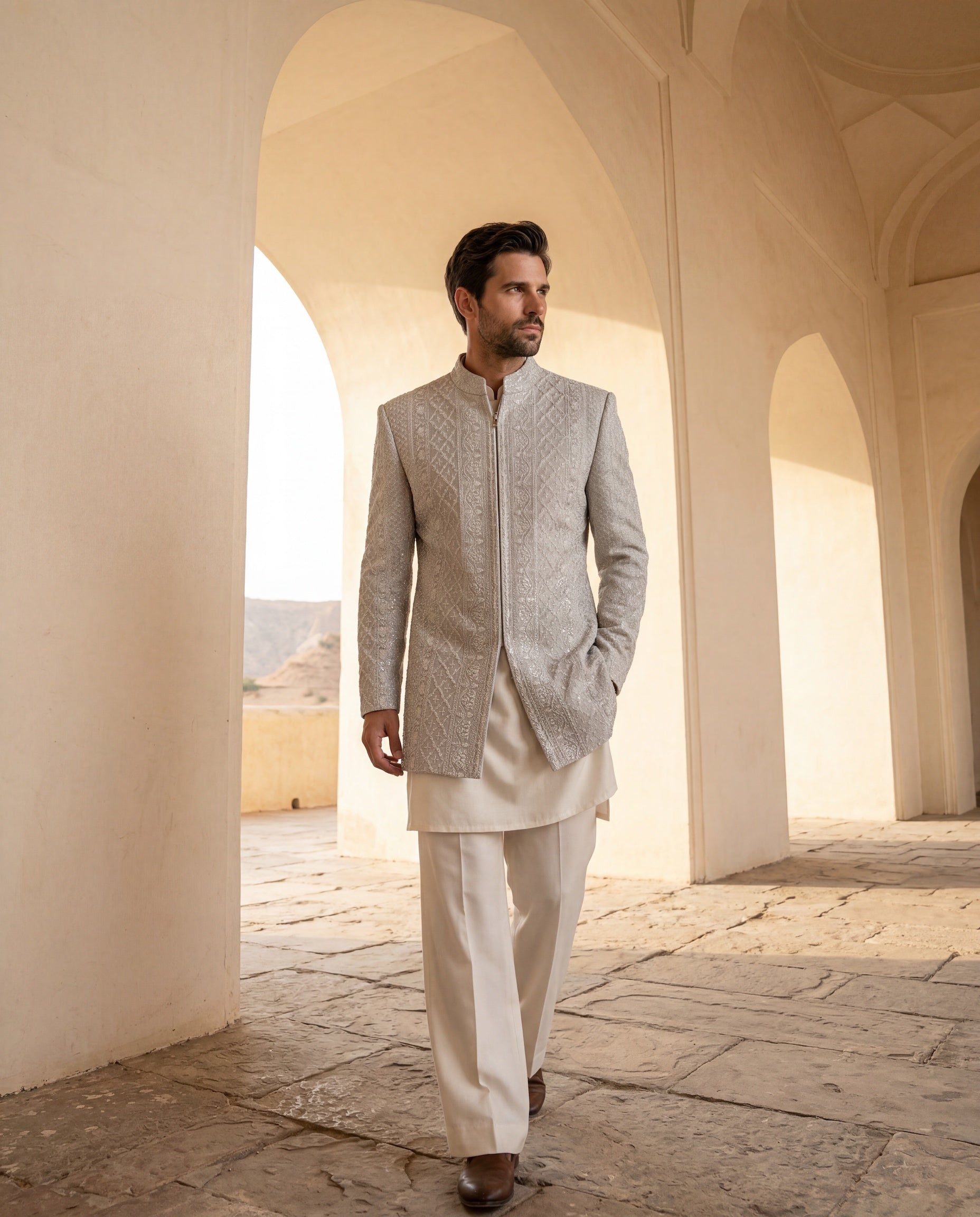 Textured knit Indo-Western jacket with tonal embroidered detailing, paired with a knit kurta and wide-leg pants.