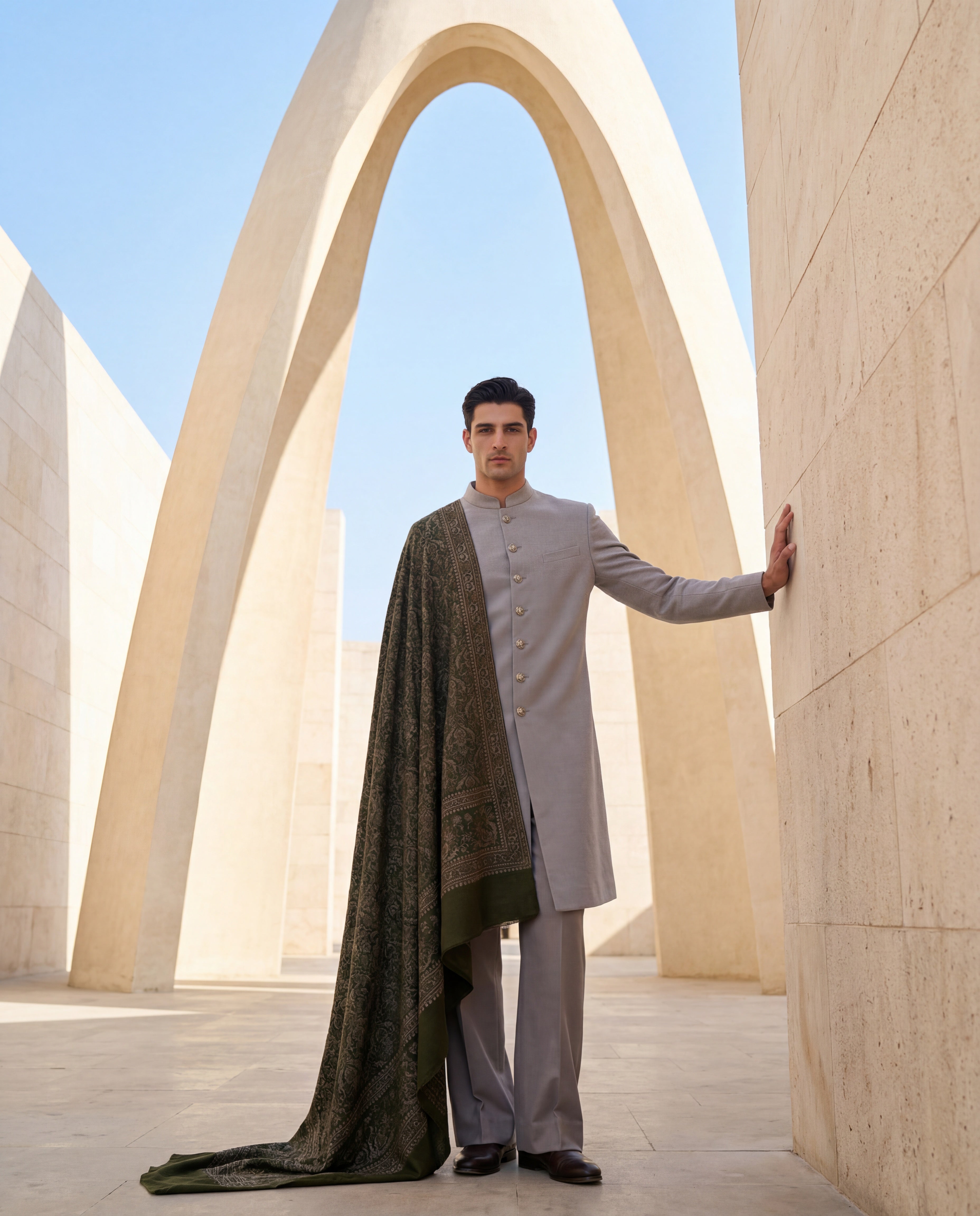 Grey Pashmina sherwani featuring contrast buttons along the front, paired with matching pashmina pants and a pashmina stole with intricate olive toned Kashmiri hand-embroidery all over.