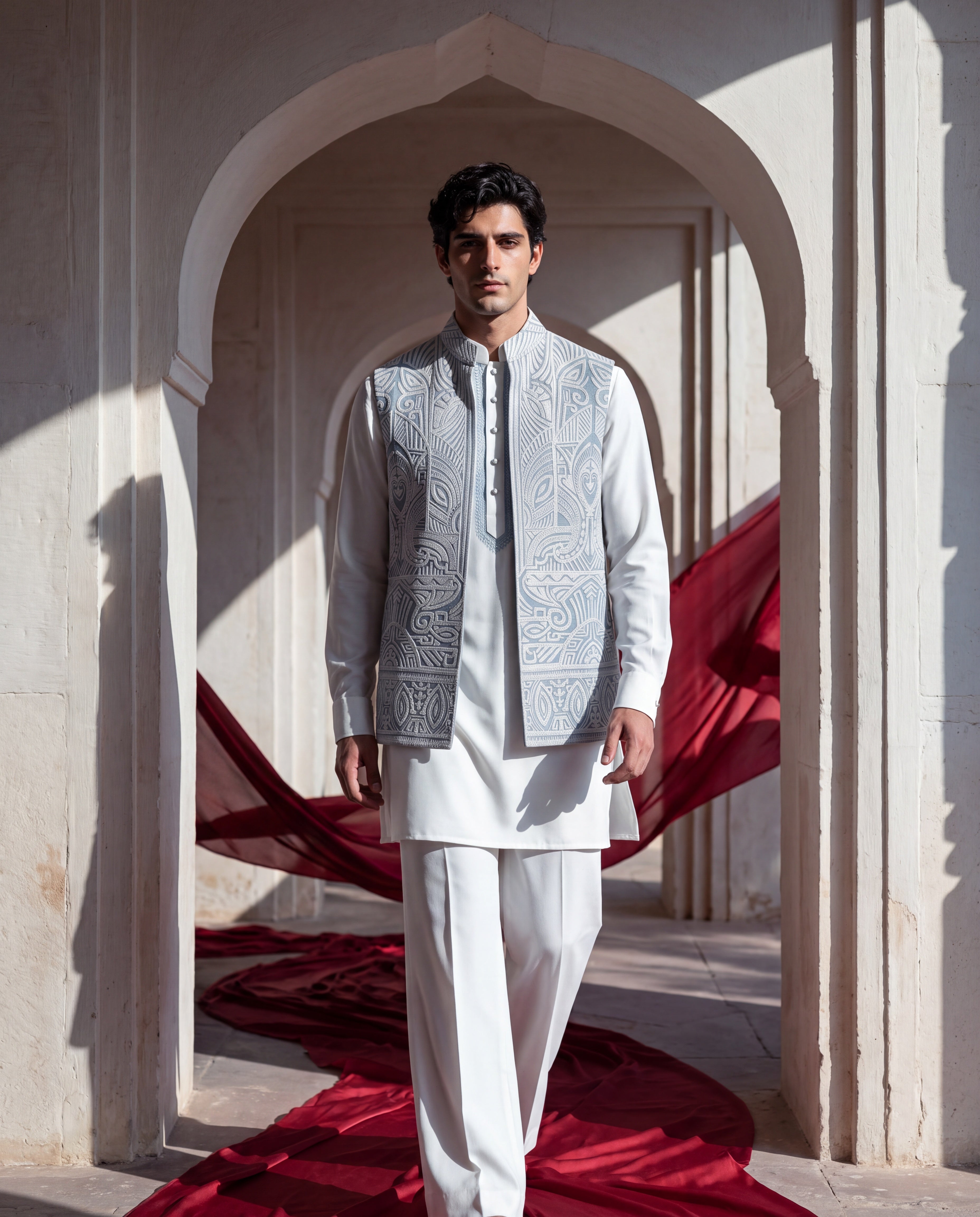 Sky Blue textured rayon waistcoat with white dori hand embroidery detailing, paired with a ivory knit kurta and matching plazzo pants.
