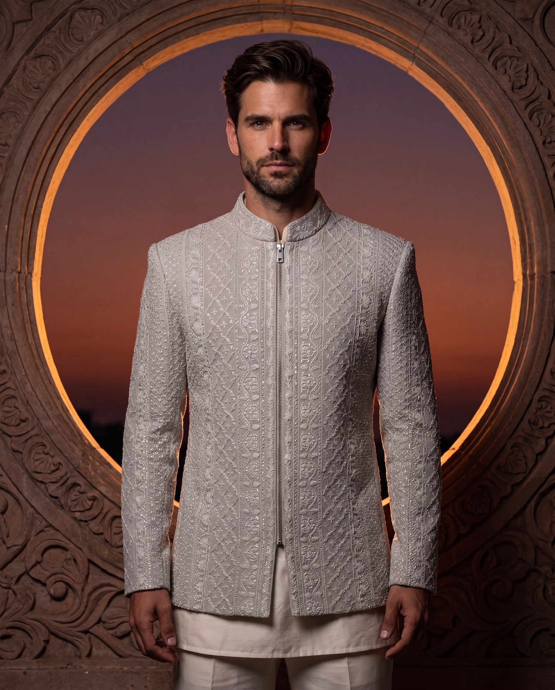 Textured knit Indo-Western jacket with tonal embroidered detailing, paired with a knit kurta and wide-leg pants.