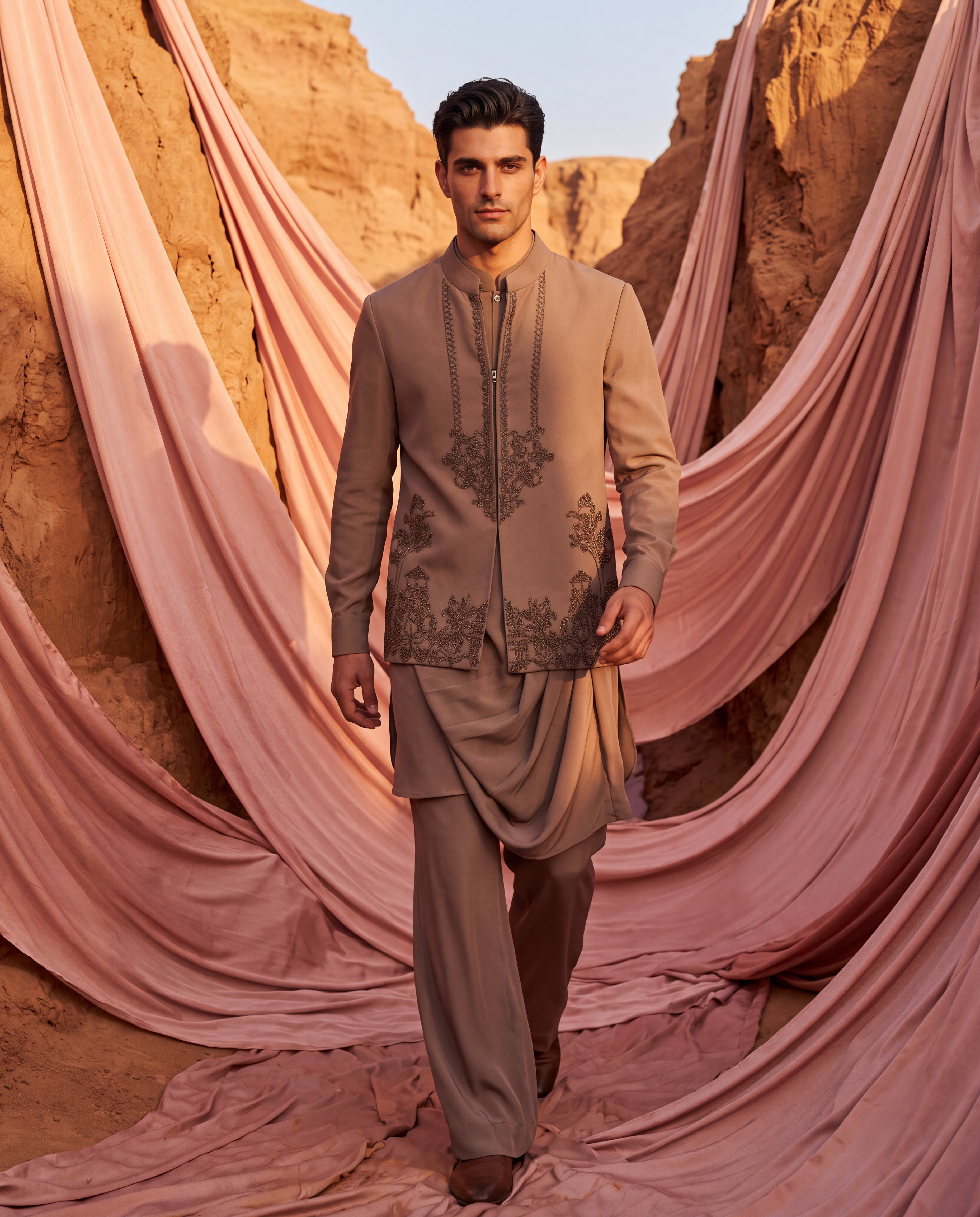 Mouse knit waistcoat with white metallic hand-embroidery paired with a matching knit draped kurta and aligadhi pants.