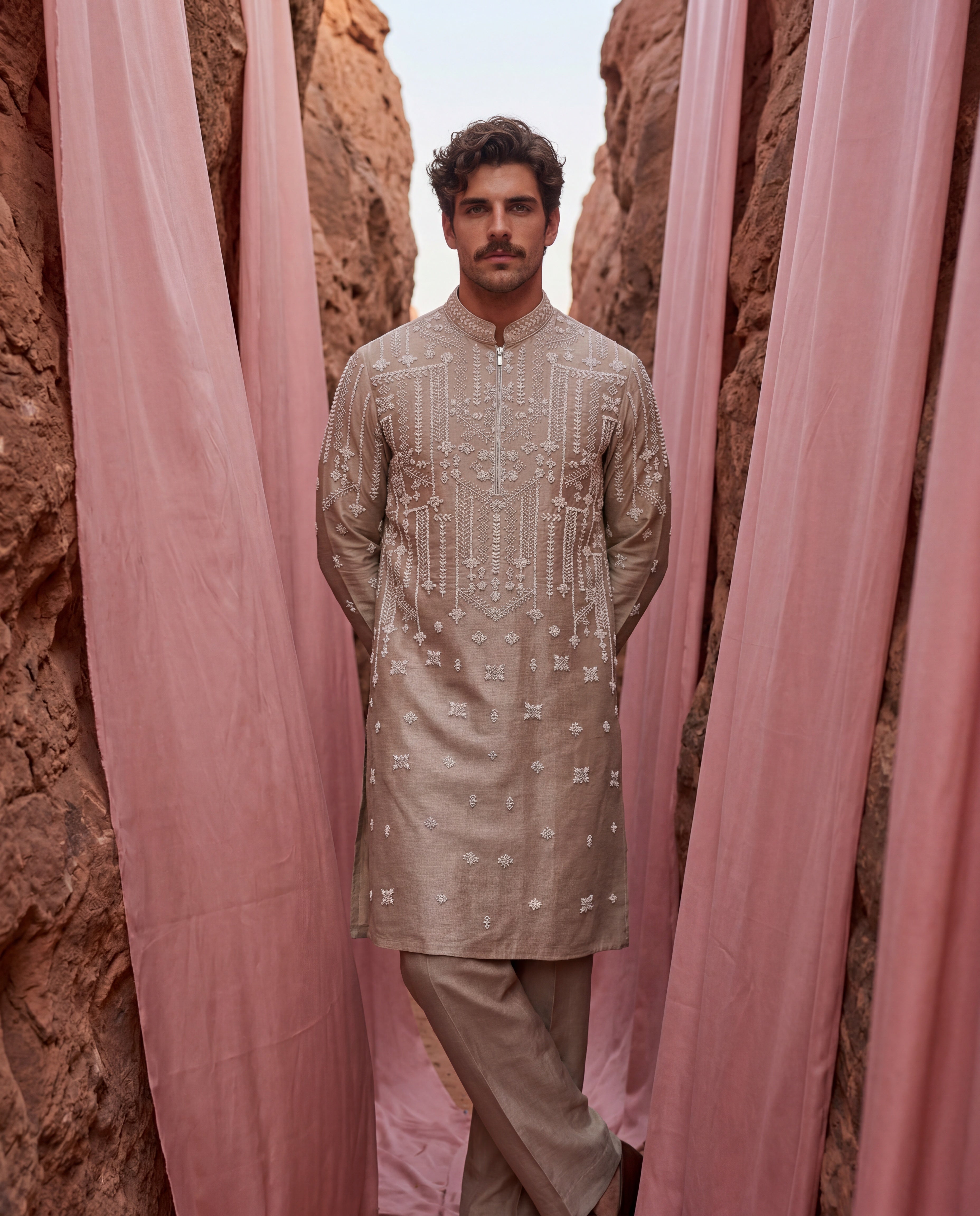 Beige Chanderi silk kurta with ivory embroidered detailing, paired with matching Chanderi silk aligadhi.