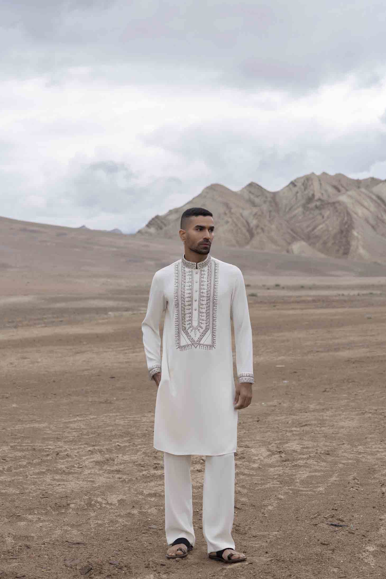 Ivory Knit Kurta set with Metal Placket & Cuff Embellishments, Paired with Aligarhi Pants