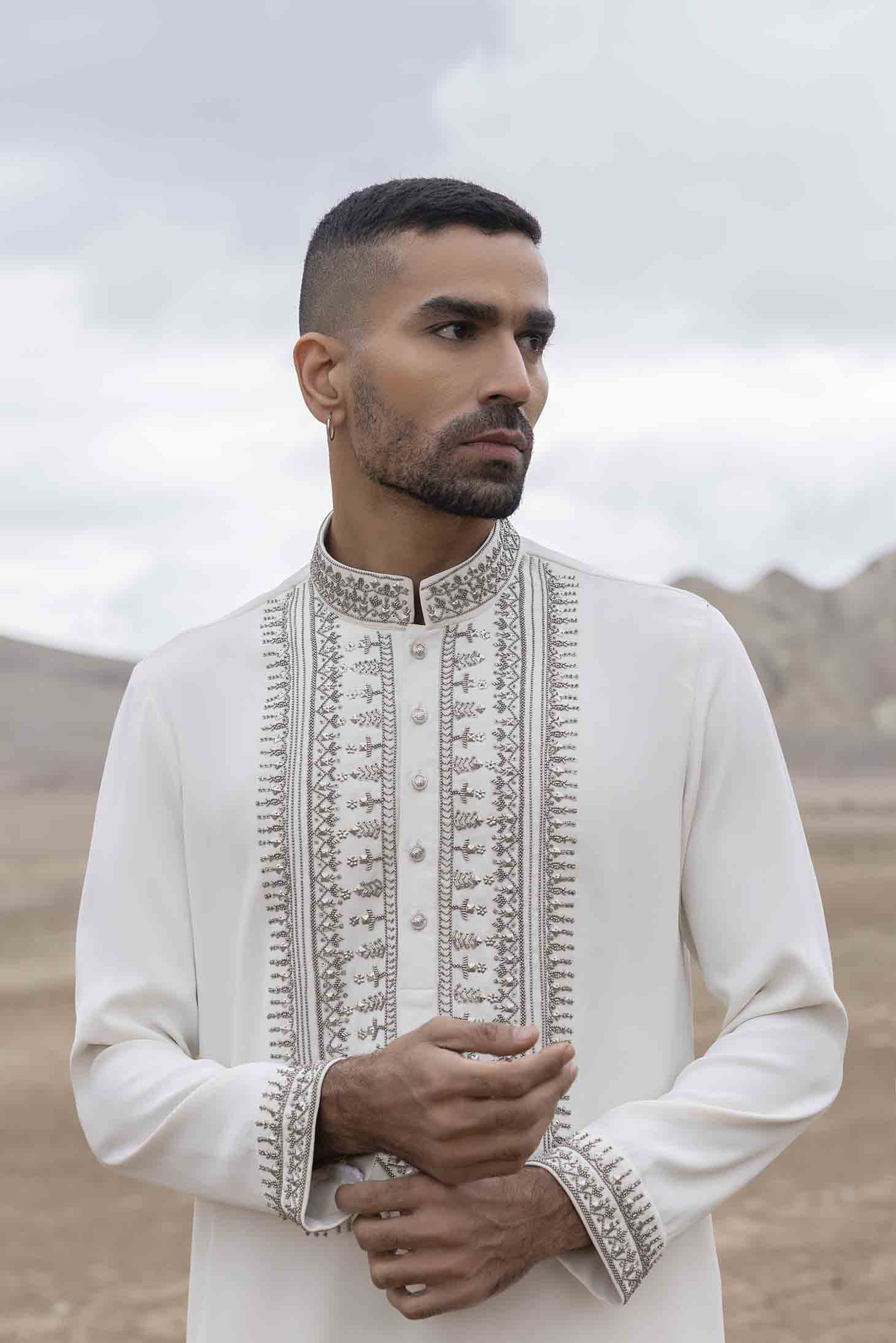 Ivory Knit Kurta set with Metal Placket & Cuff Embellishments, Paired with Aligarhi Pants