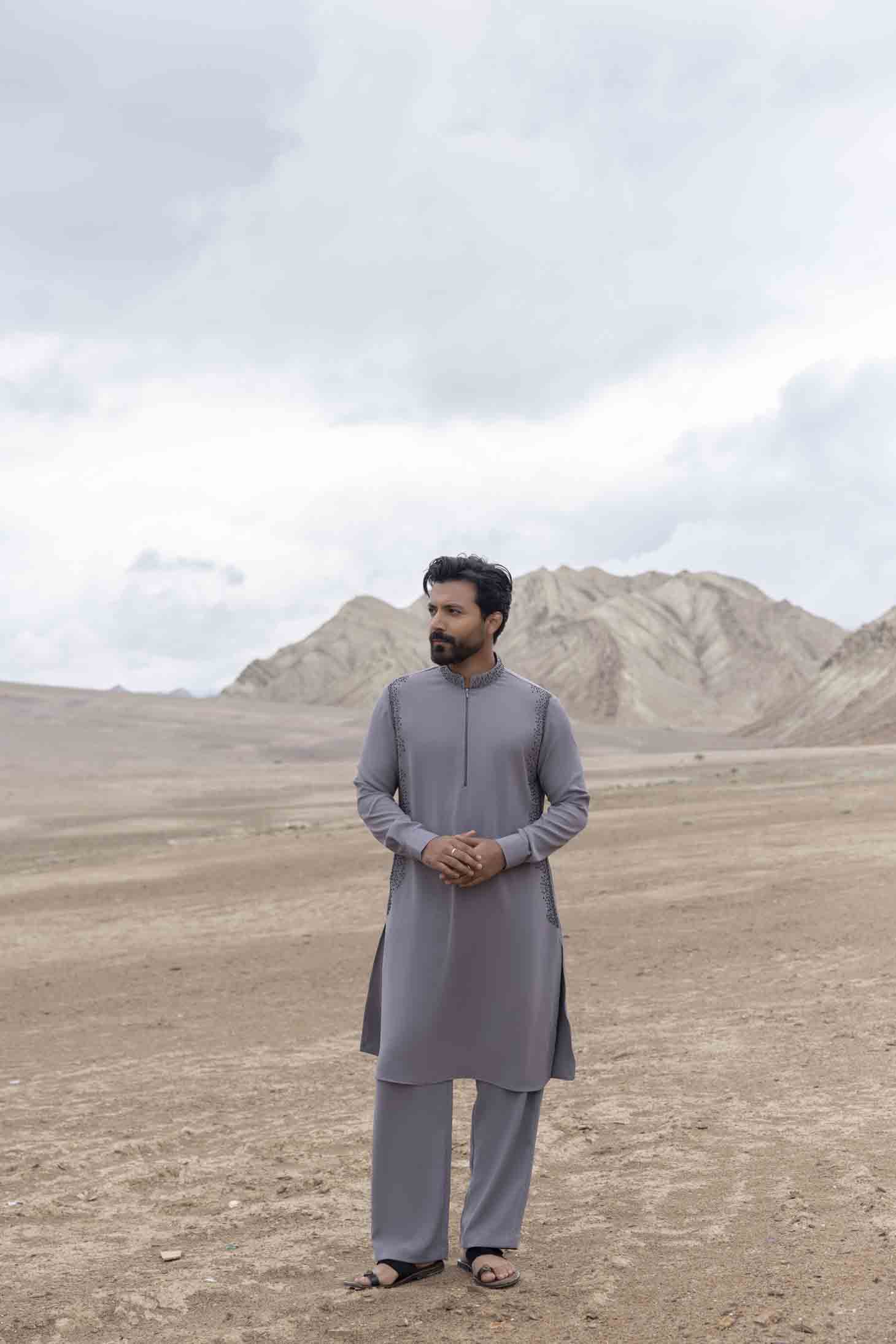 Grey Knit Kurta set with Antique Grey Metal Beads in Grading Pattern, Paired with Aligarhi Pants