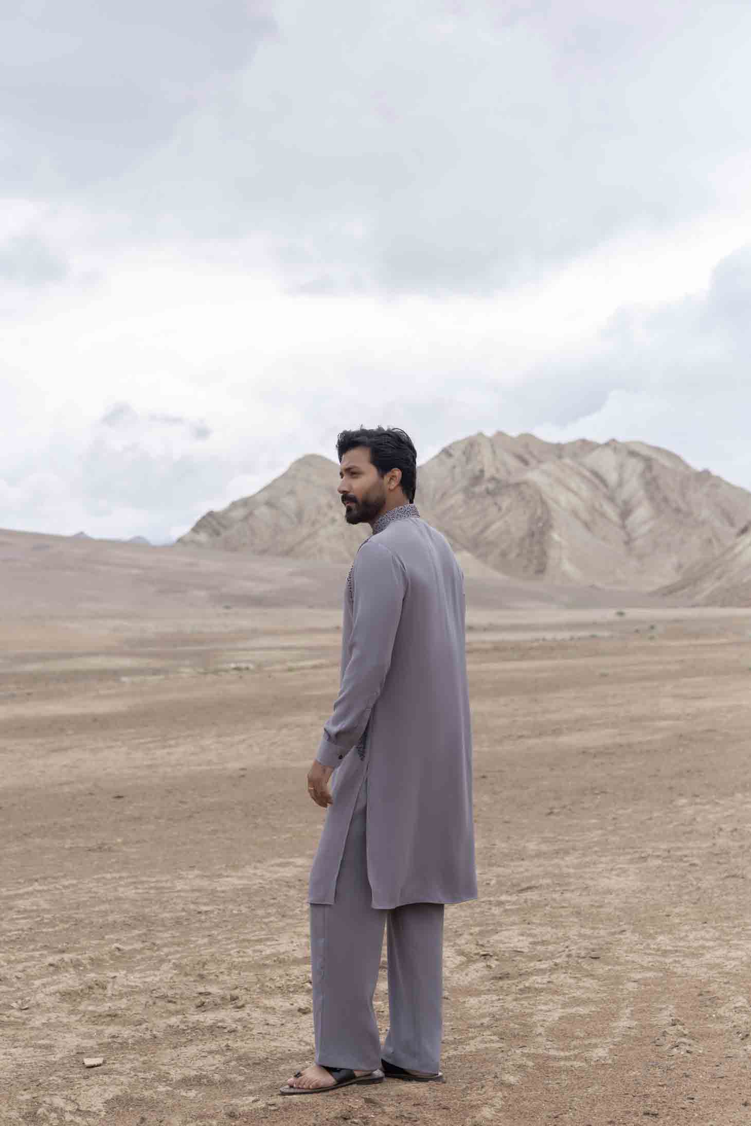 Grey Knit Kurta set with Antique Grey Metal Beads in Grading Pattern, Paired with Aligarhi Pants