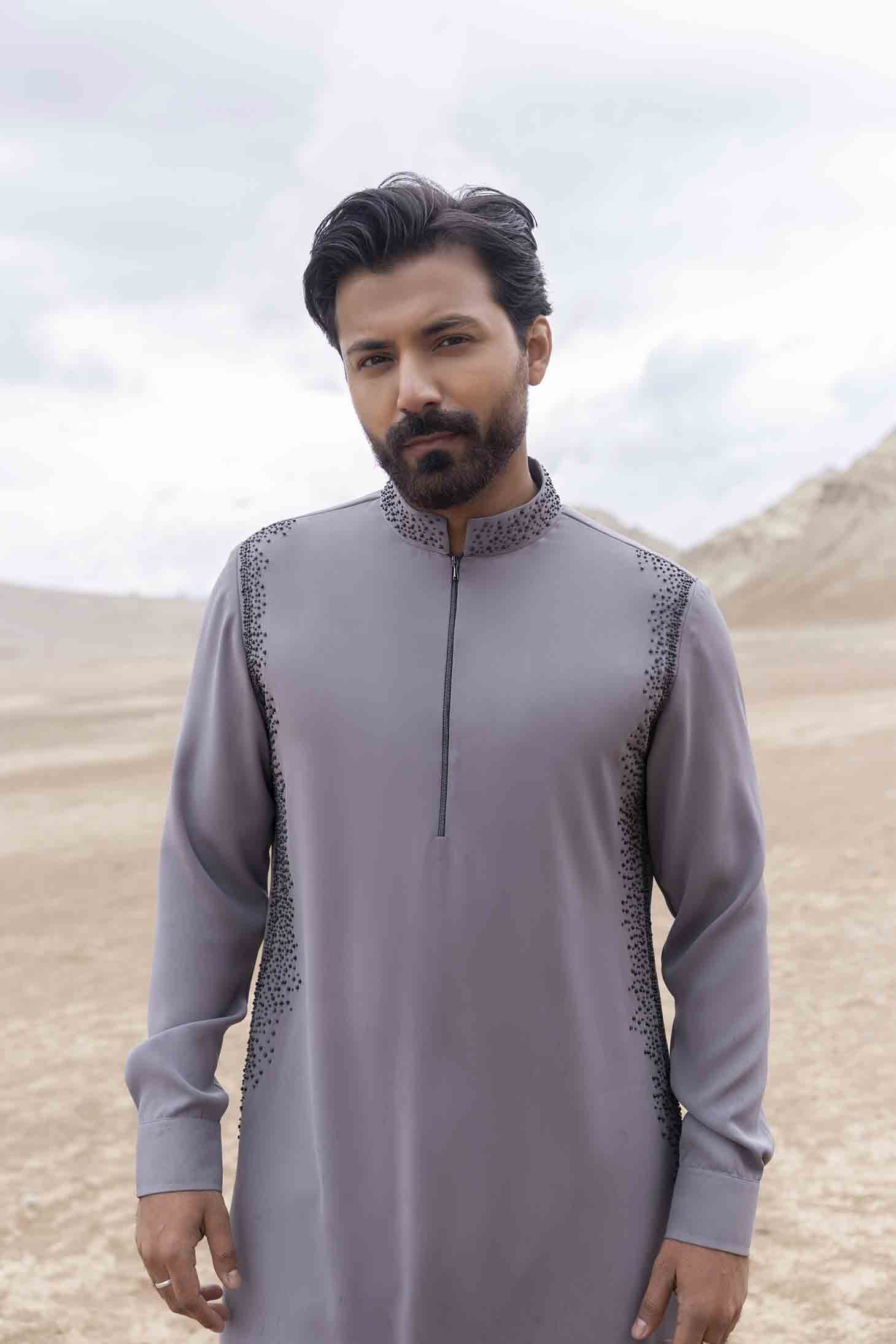 Grey Knit Kurta set with Antique Grey Metal Beads in Grading Pattern, Paired with Aligarhi Pants