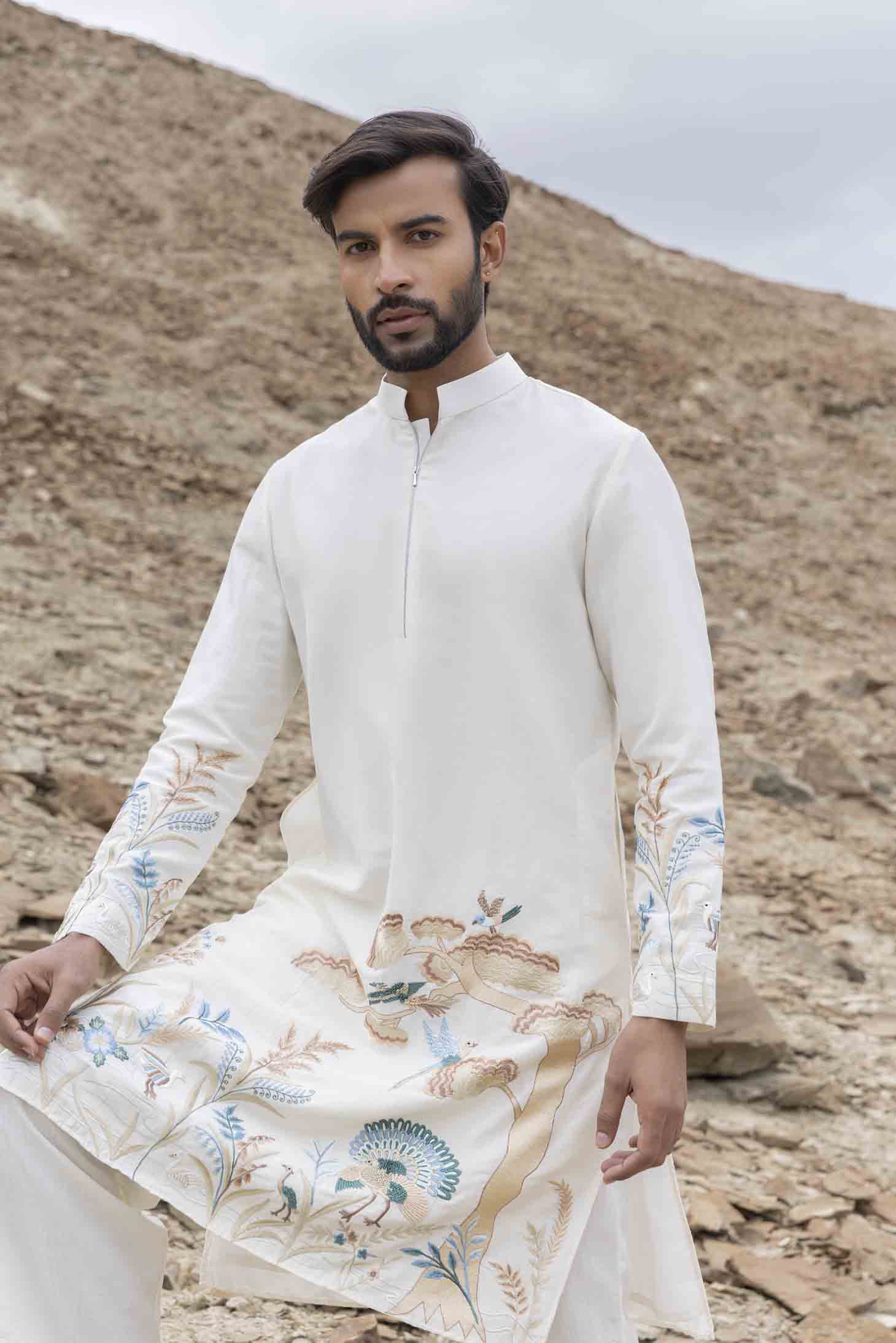 Elegant Ivory Silk Kurta Set with Artistic Embroidery and Aligarhi Pants