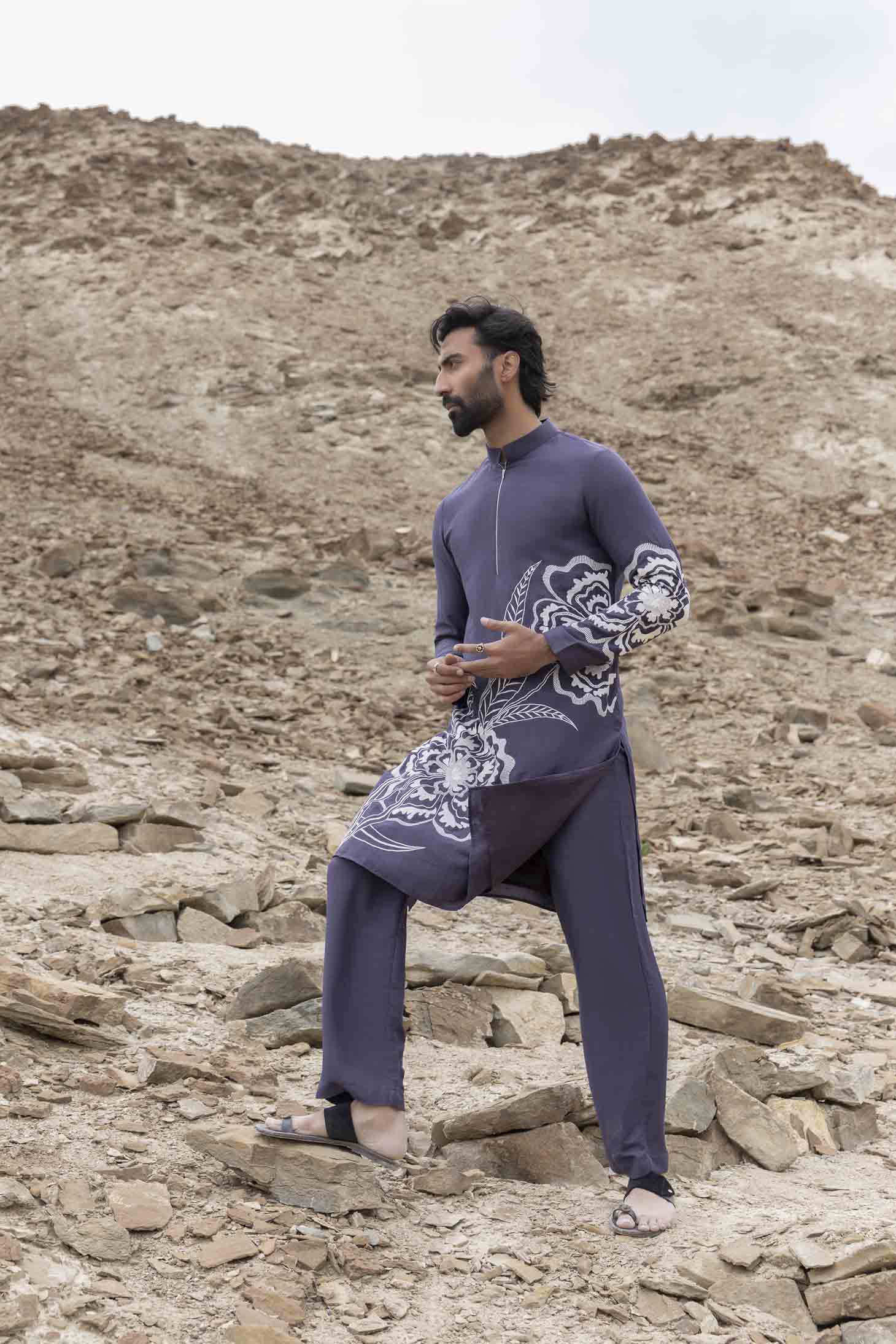 Grey Silk Fusion Kurta with Floral Embroidery for Pre-Wedding