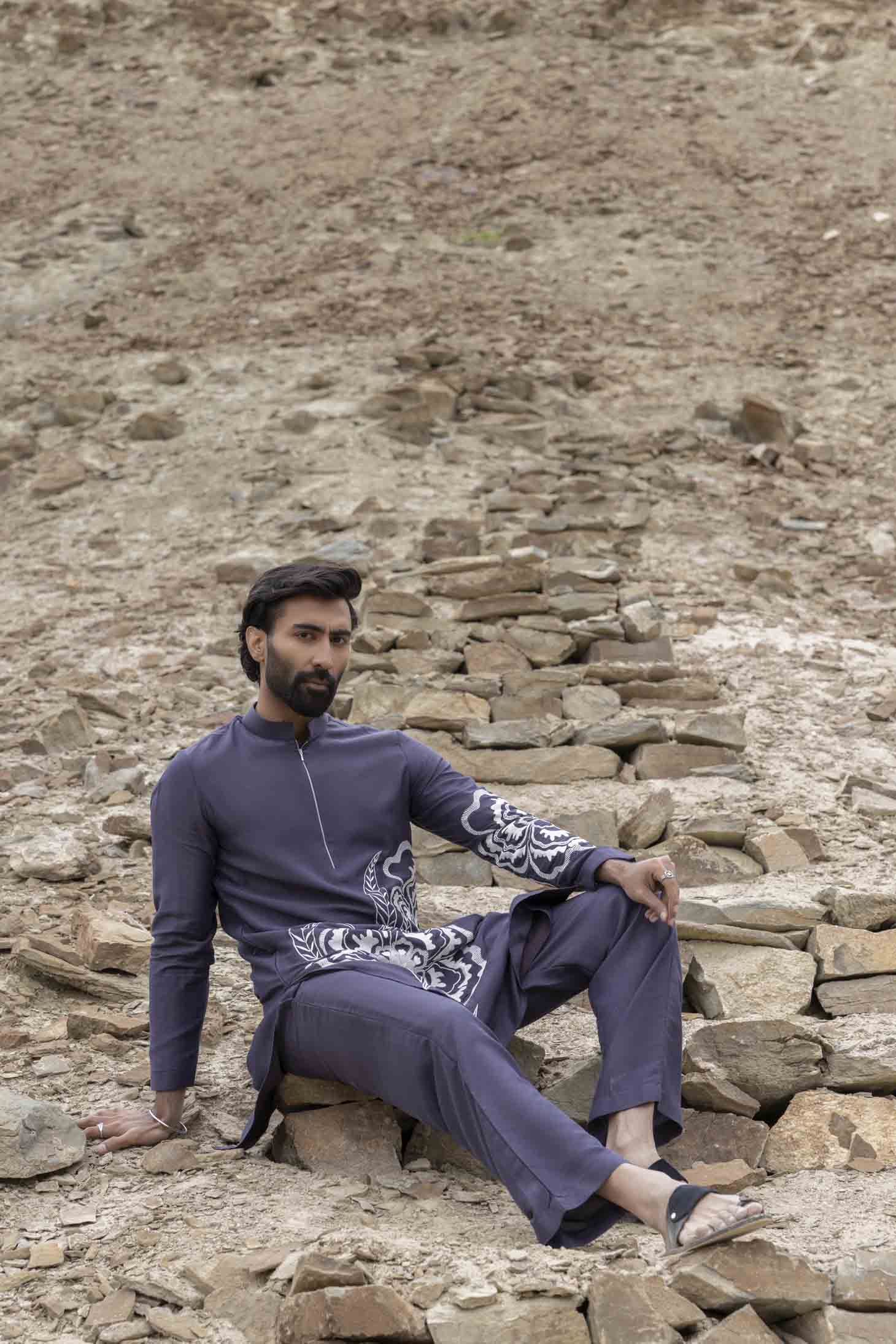 Grey Silk Fusion Kurta with Floral Embroidery for Pre-Wedding