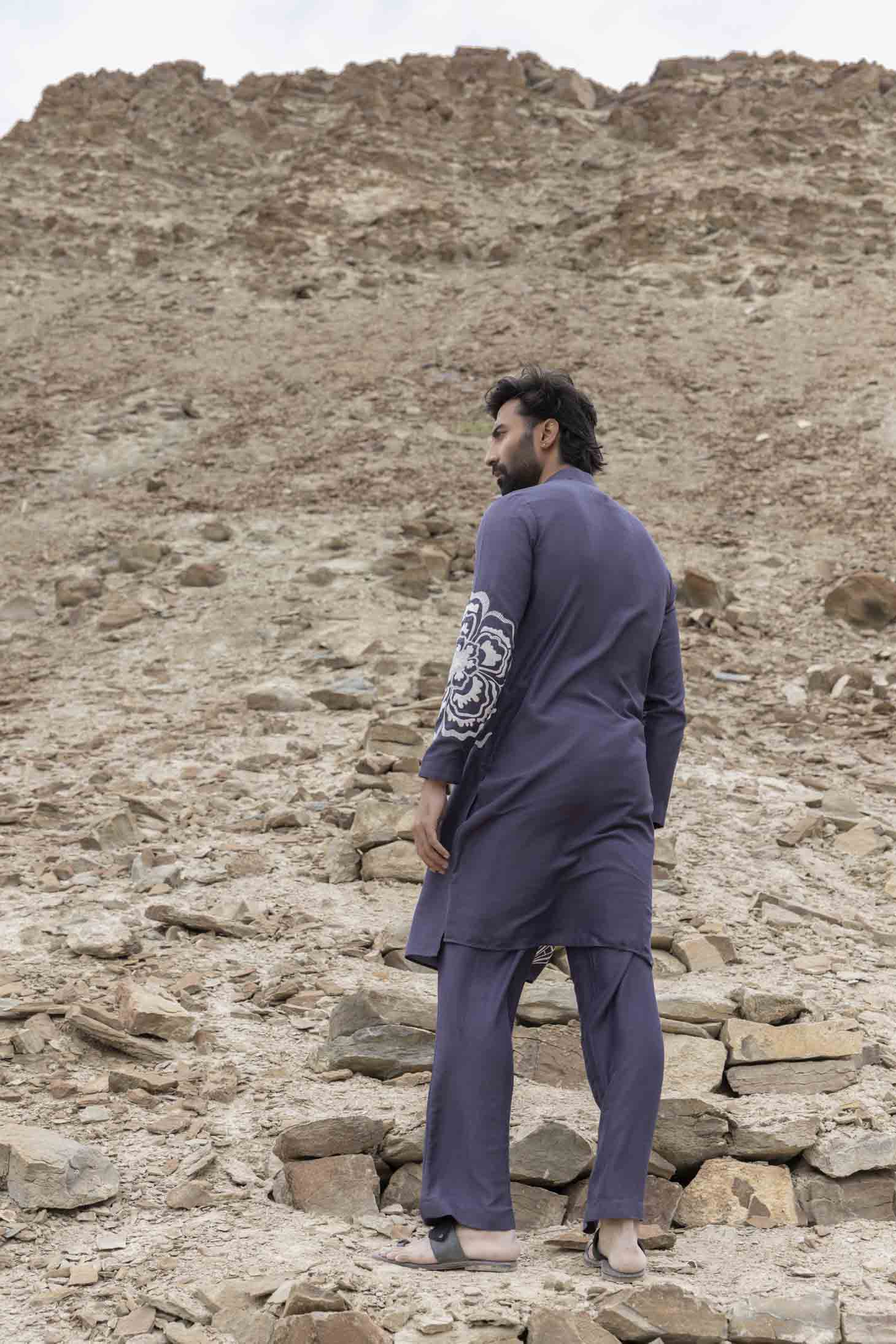 Grey Silk Fusion Kurta with Floral Embroidery for Pre-Wedding