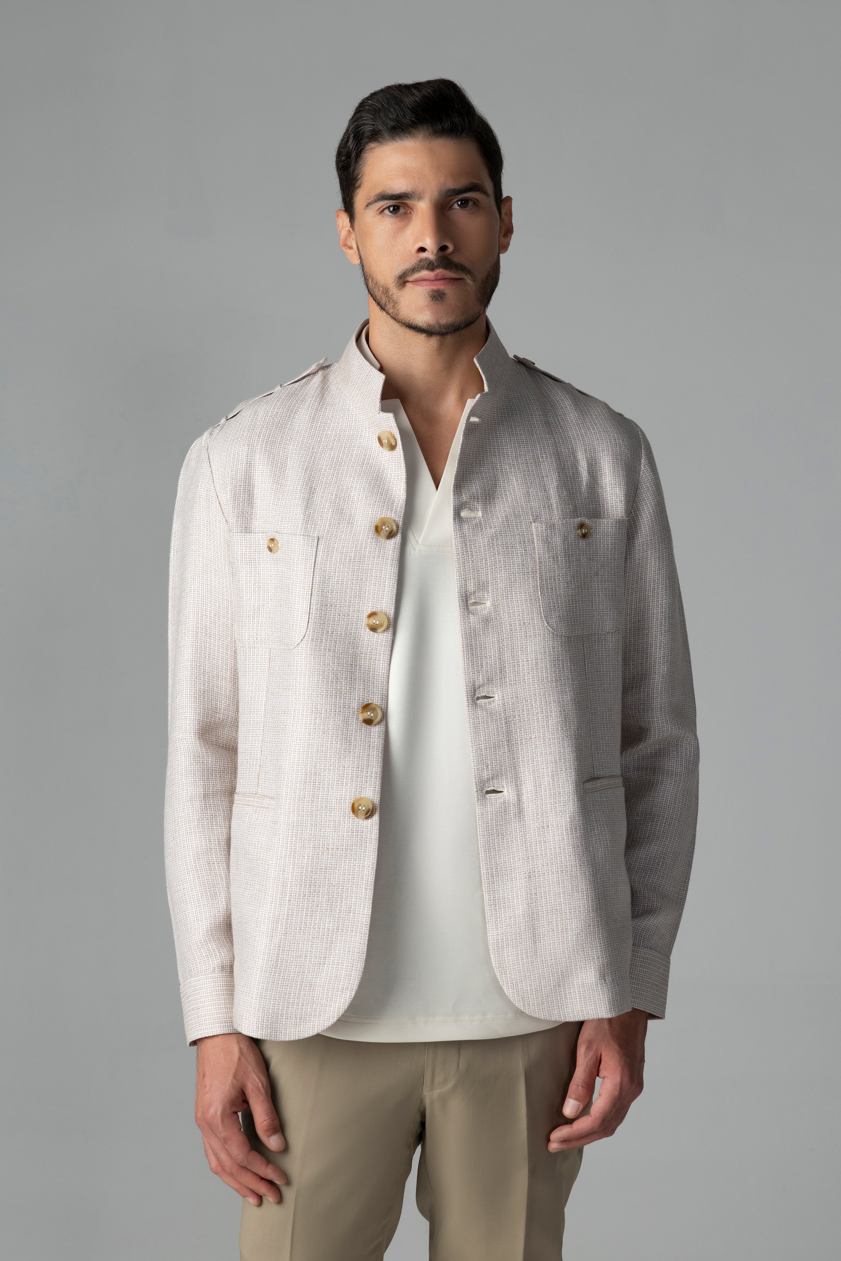 Textured beige linen shacket with two patch pockets, two bone pockets, Mandarin collar & contrast button detailing
