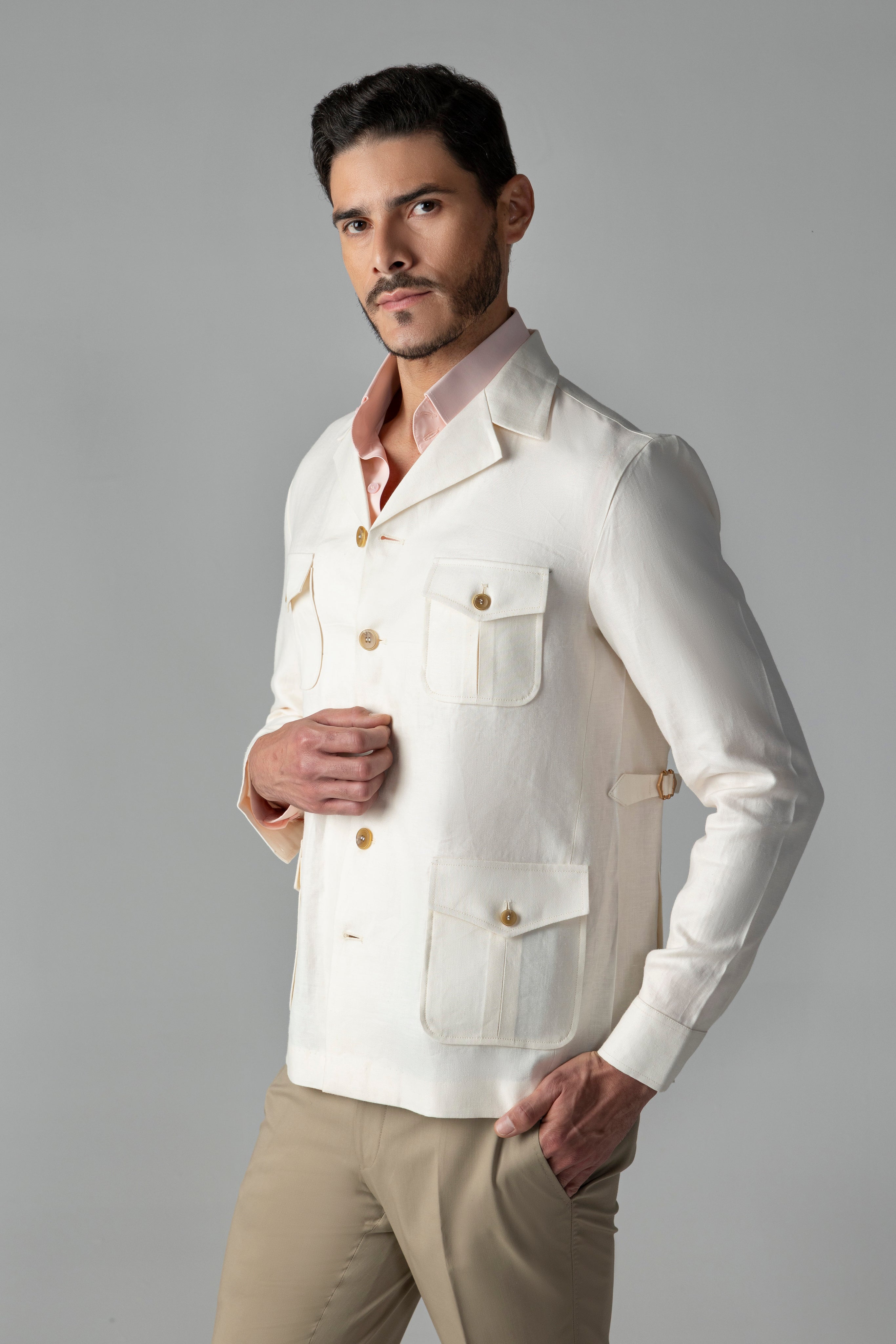 Cream linen shacket with four patch pockets, Cuban collar and contrast button detailing