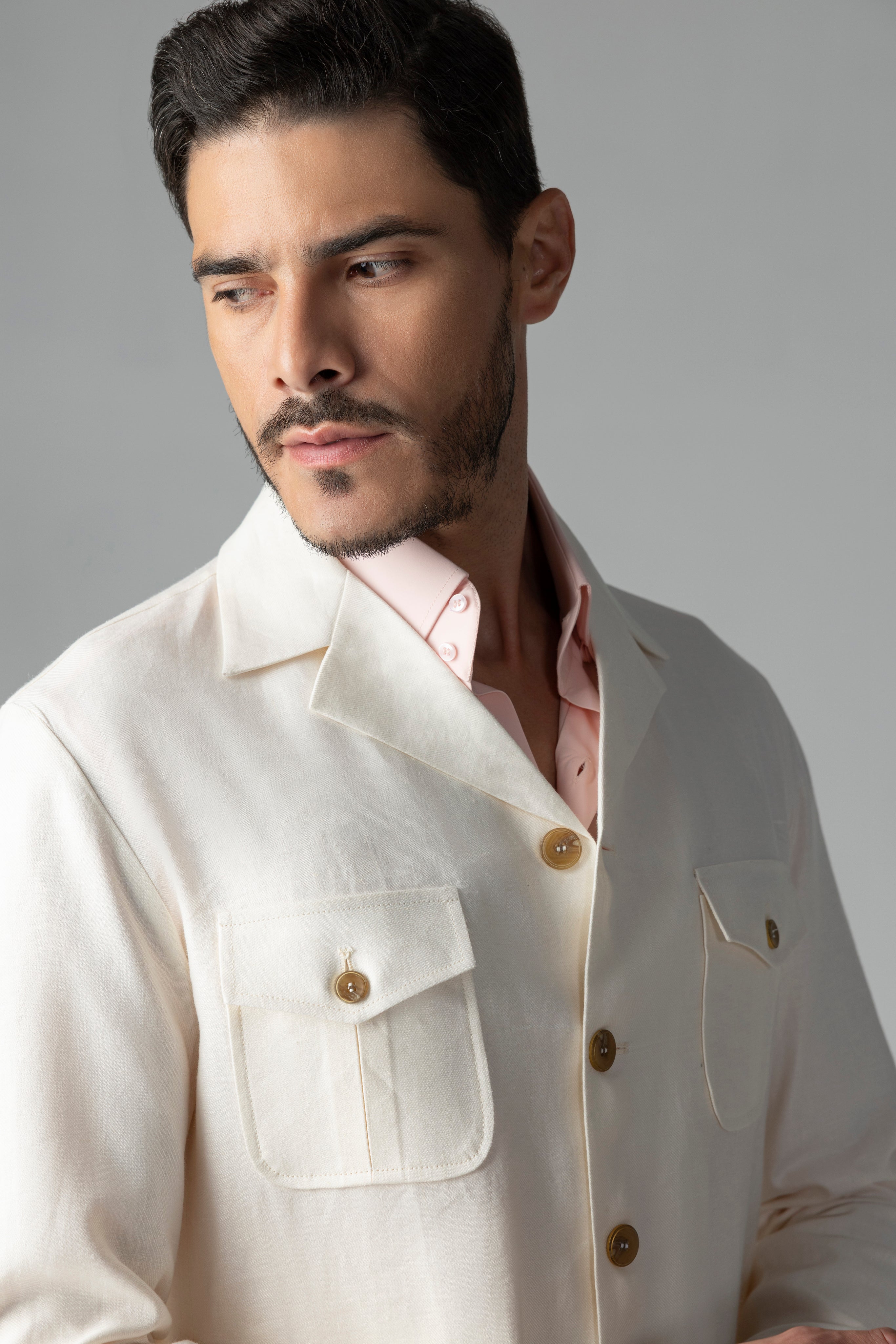 Cream linen shacket with four patch pockets, Cuban collar and contrast button detailing