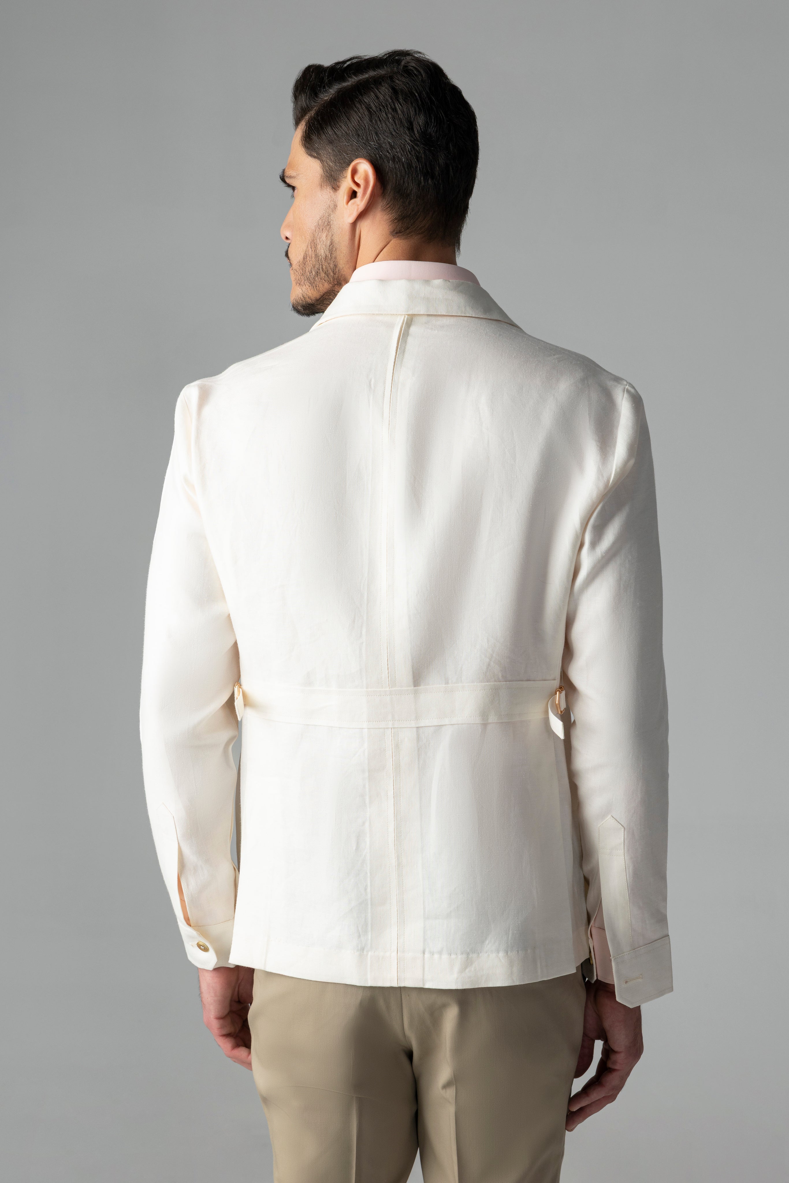 Cream linen shacket with four patch pockets, Cuban collar and contrast button detailing