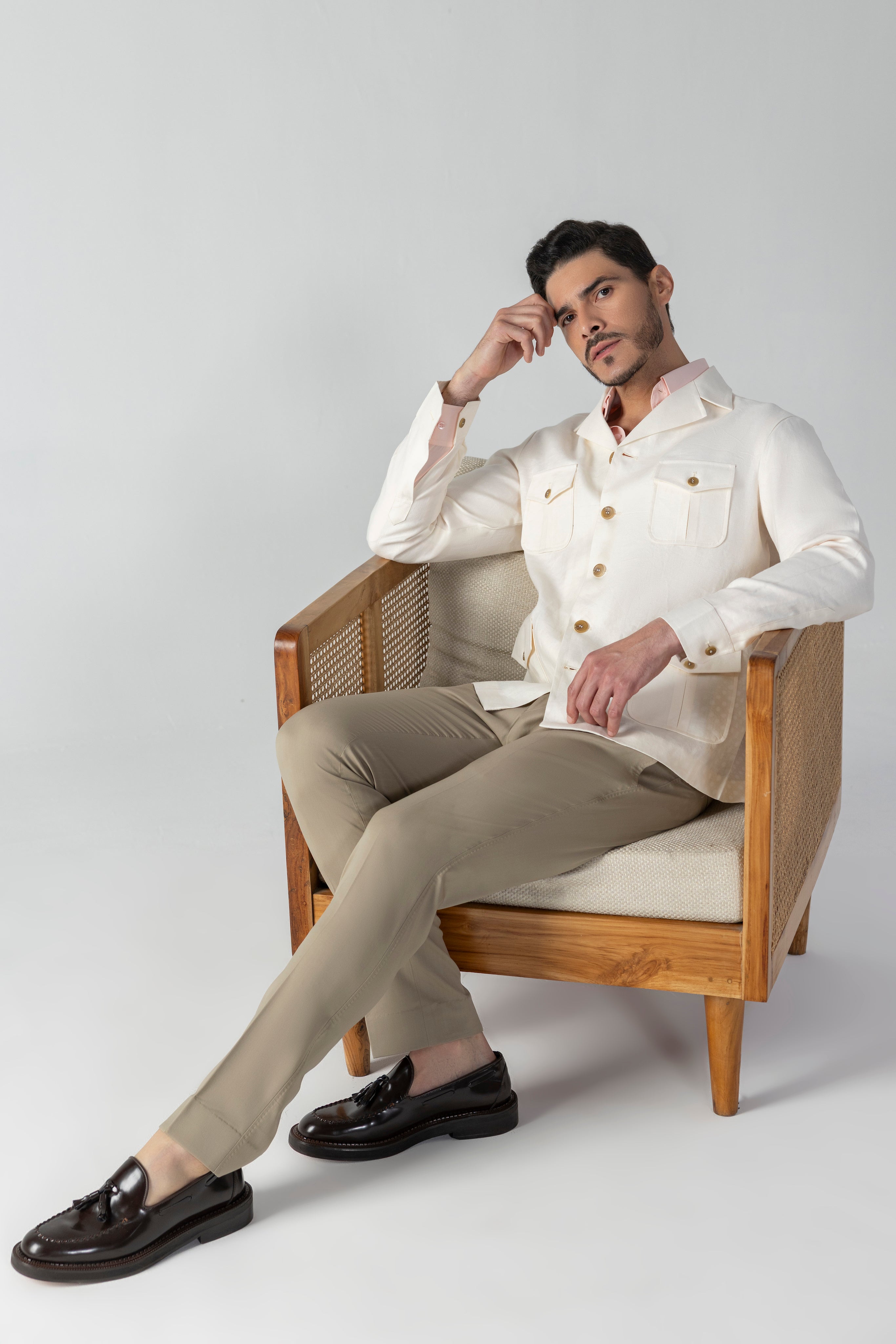 Cream linen shacket with four patch pockets, Cuban collar and contrast button detailing
