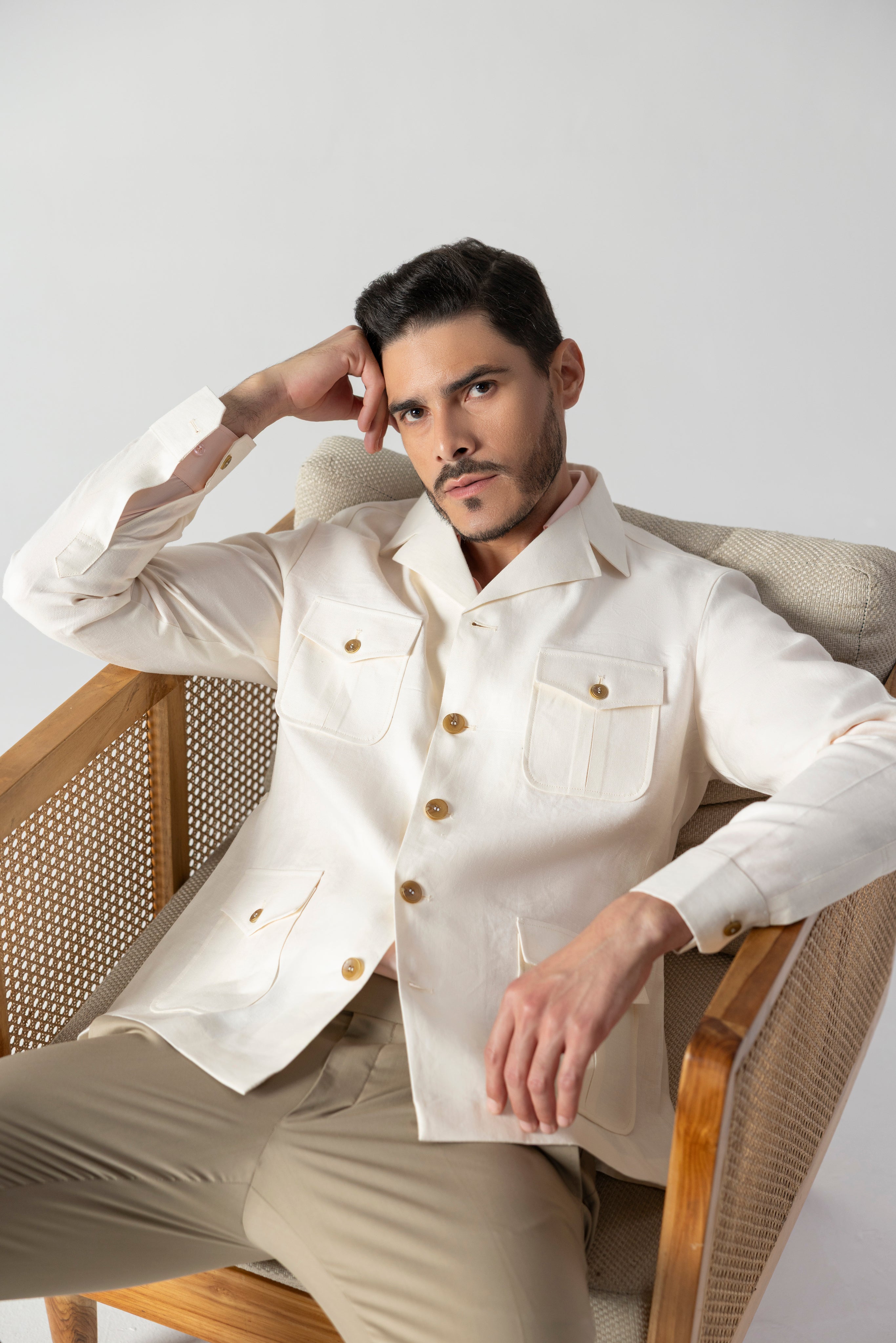Cream linen shacket with four patch pockets, Cuban collar and contrast button detailing