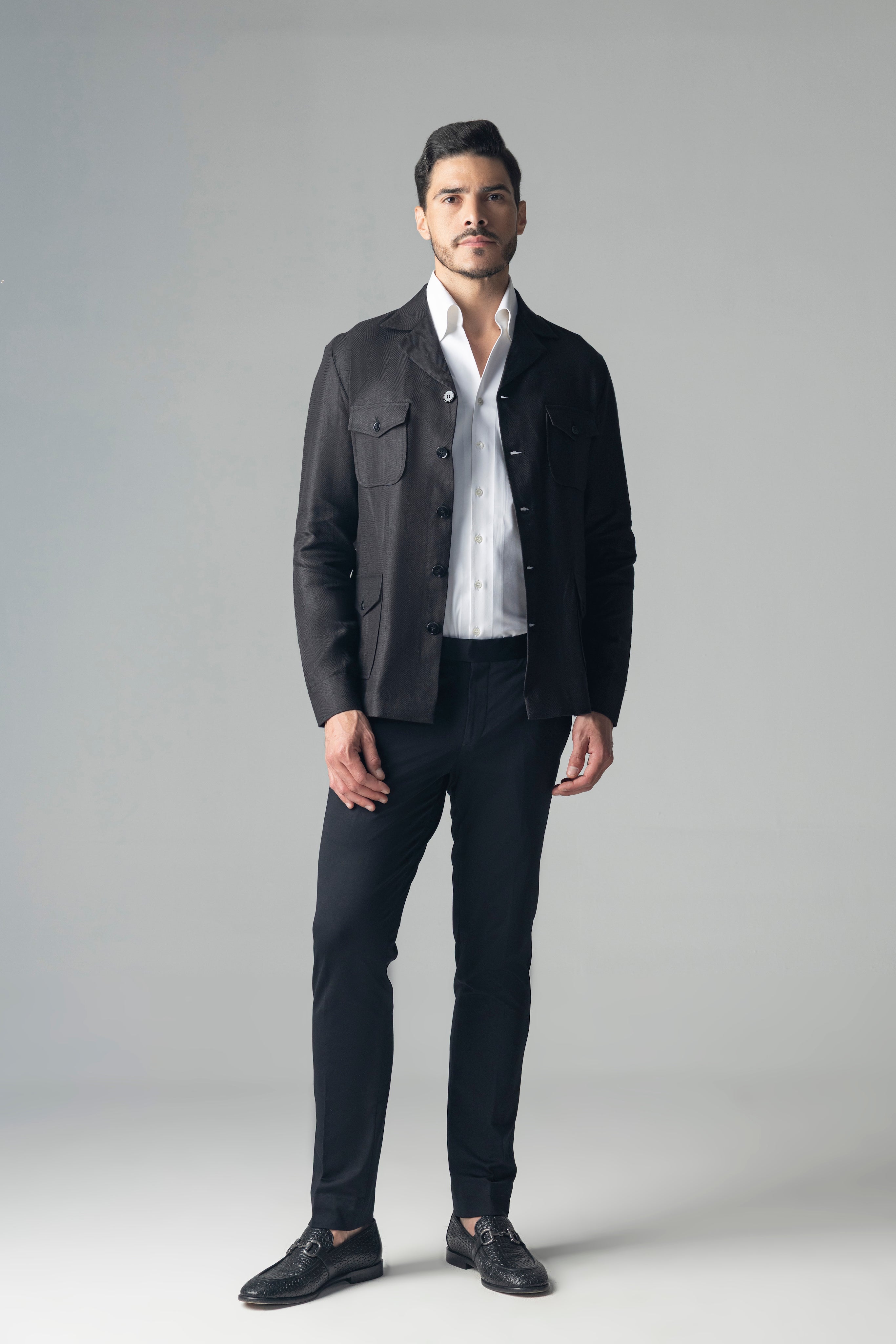 Black linen shacket with four patch pockets and Cuban collar